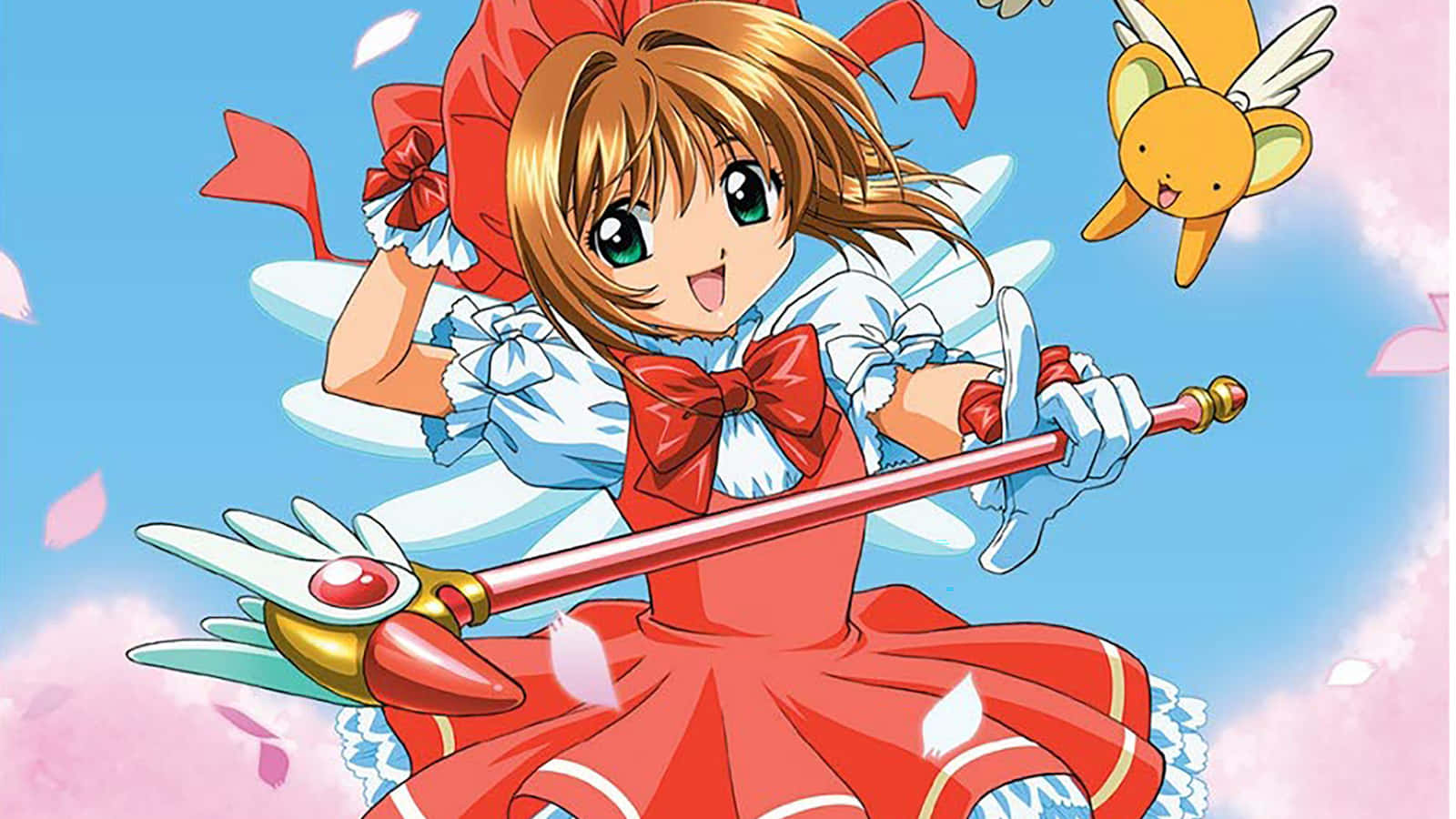 神秘魔法少女 壁紙 — 一個穿著紅色連衣裙的開朗動畫女孩，對著滿是粉紅色花瓣和飛翔黃色生物的天空揮舞著魔法棒。