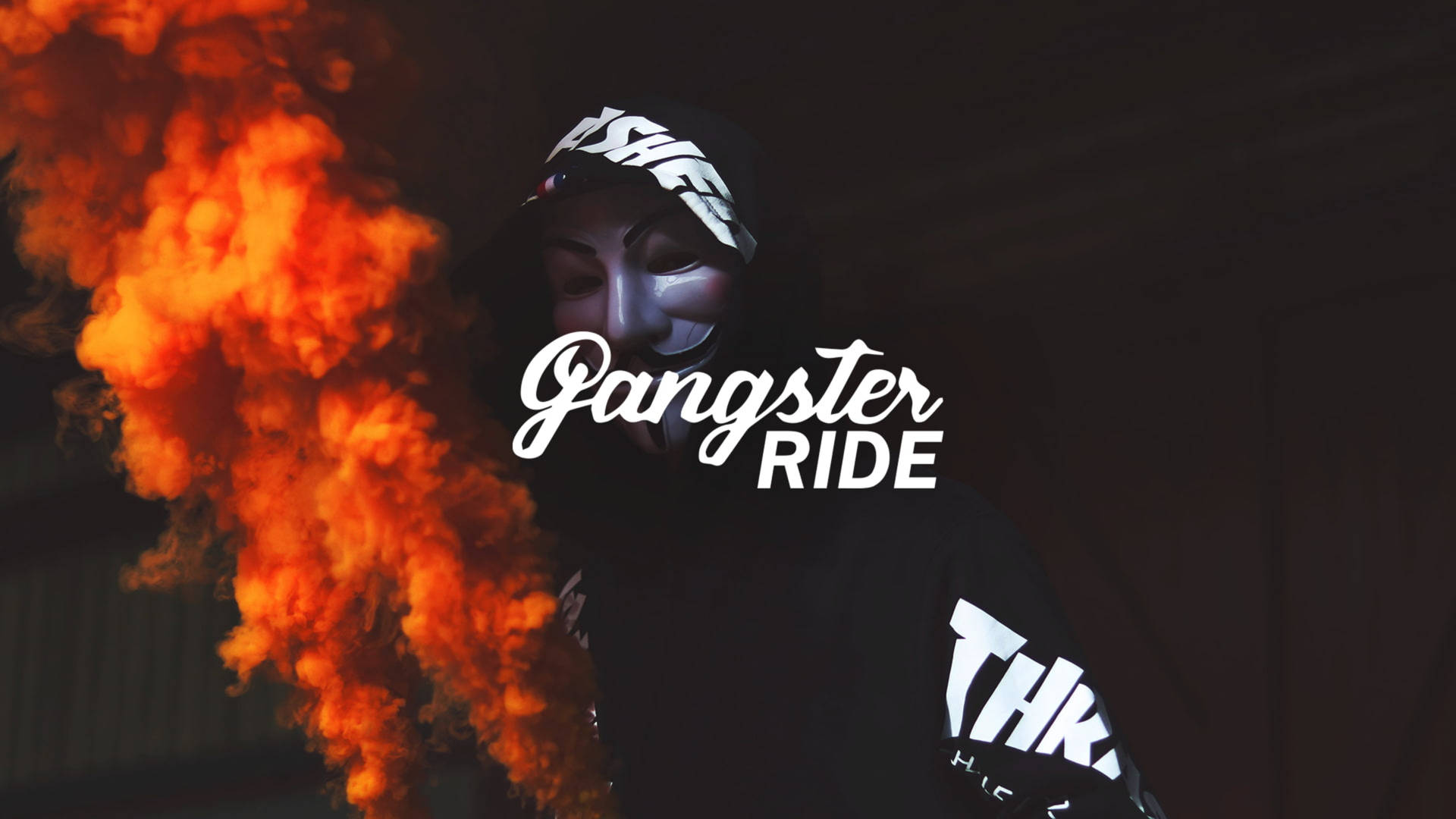 戴面具的人呼出橙色煙霧，帶有 'Gangster RIDE' 文字。