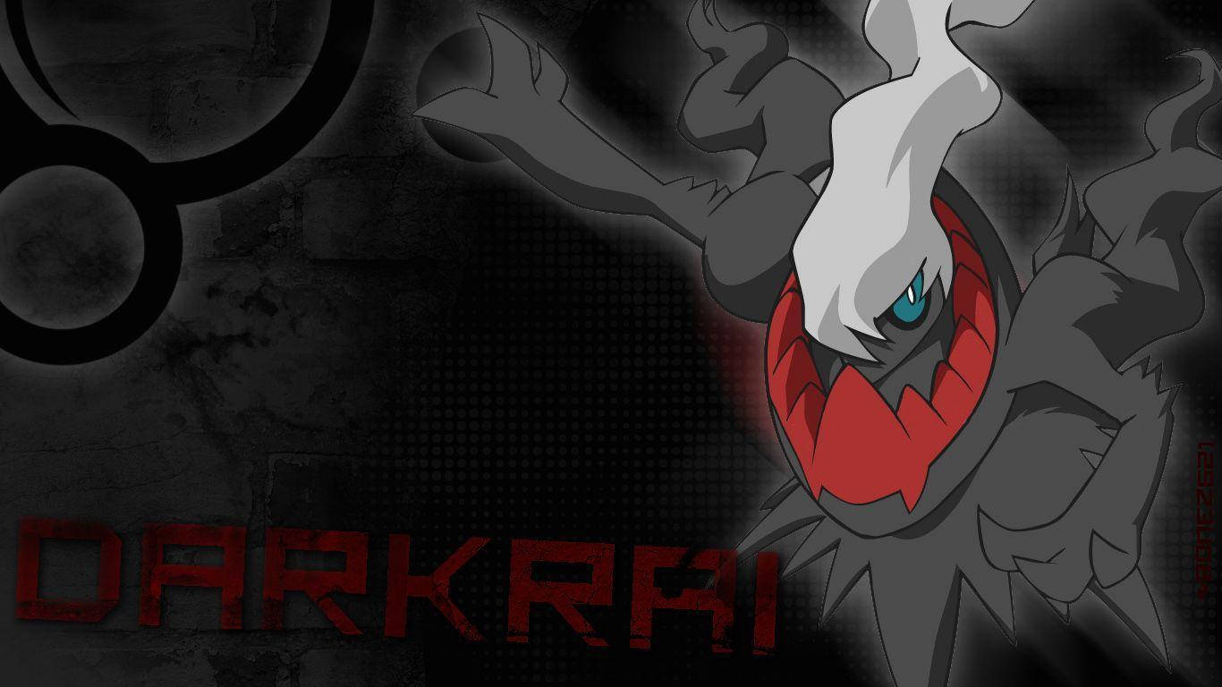 Darkrai，一隻帶有紅色嘴巴和藍色眼睛的深灰色動畫怪物，在黑色背景上。