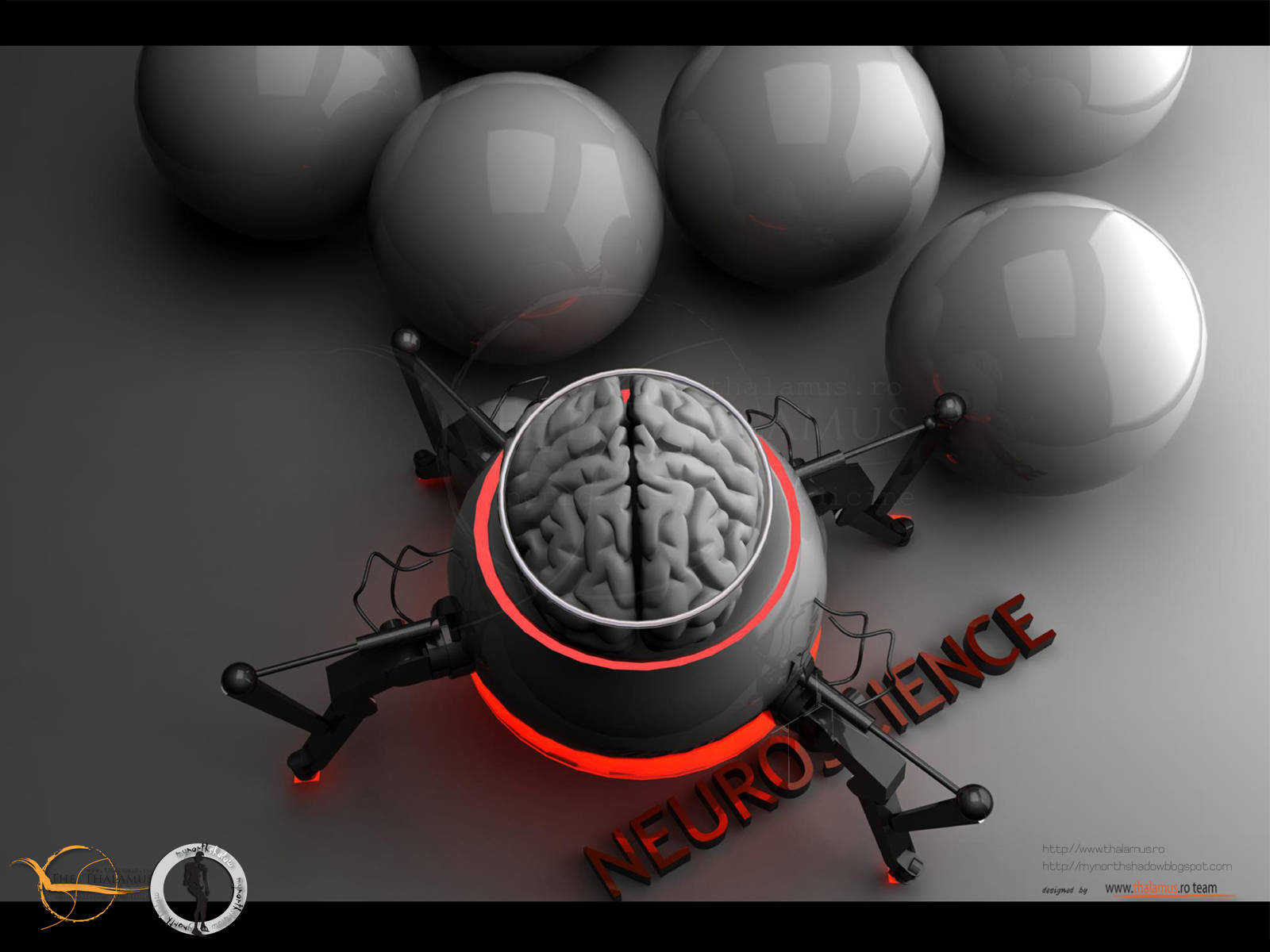 神經科學3D腦部插畫 壁紙 — 一架帶有人類大腦核心和發光紅色裝飾的未來感無人機懸浮在 neuroscience 一詞上方。