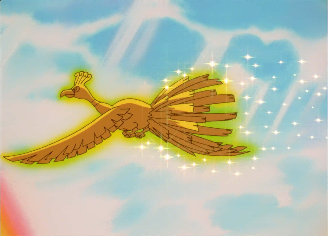 神聖 Ho-Oh 飛越天際 壁紙 — 一隻金色神話鳥在明亮的藍天中翱翔，留下一串閃爍的光芒和耀眼的光束。