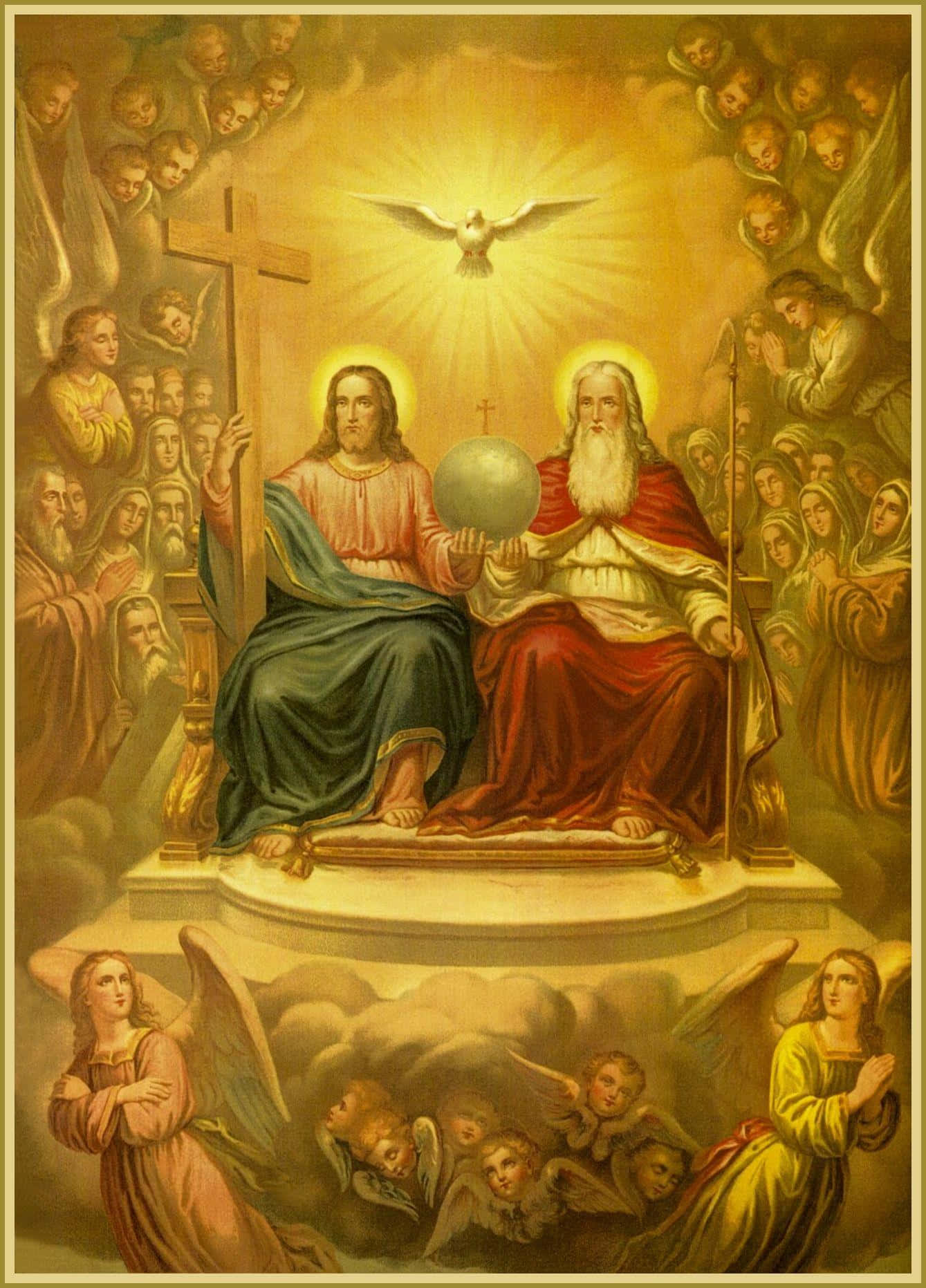 Holy Trinity 桌布 壁紙 — 神聖三位一體場景，耶穌和上帝坐在寶座上，被天使和鴿子環繞，沐浴在金色光芒中。