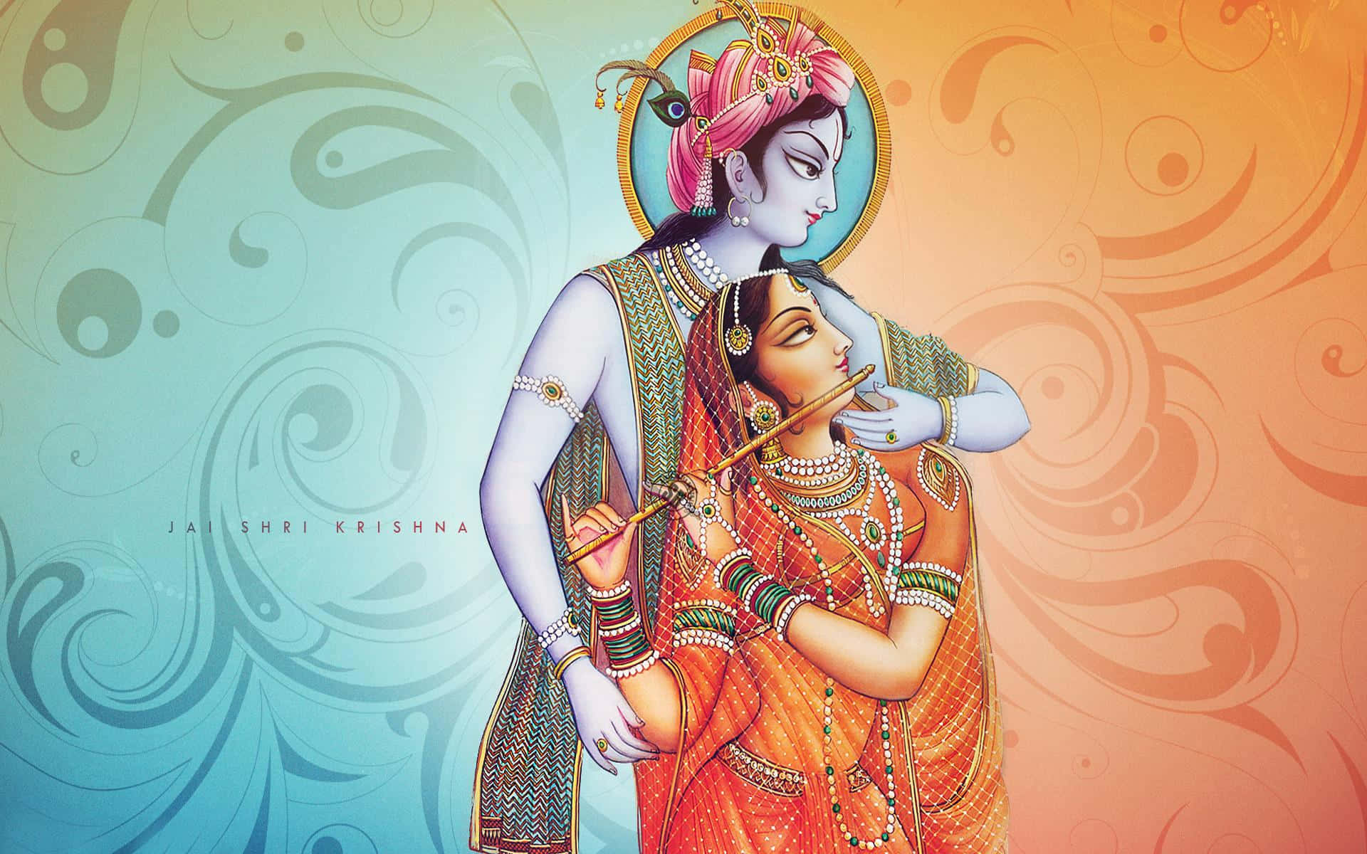 Radha Krishna 桌布 壁紙 — 神聖人物克里希納和拉妲身著華麗服飾，在旋轉的青色和橙色漸變背景前擁抱。