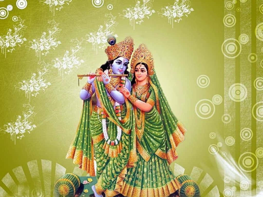 Radha Krishna 桌布 壁紙 — 神聖人物克里希納和拉達身著華麗的綠色和金色服飾，在圖案綠色背景前分享溫柔時刻。