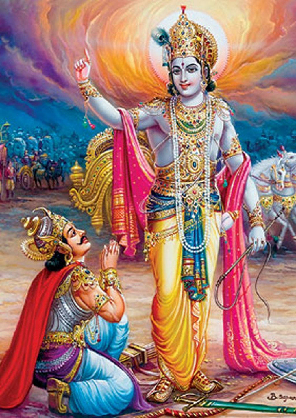 Bhagavad Gita 桌布 壁紙 — 神聖人物克里希納戴著金色皇冠和黃色多蒂，舉起手威嚴地站立，一位跪著的戰士在火熱的天空下在他面前祈禱。