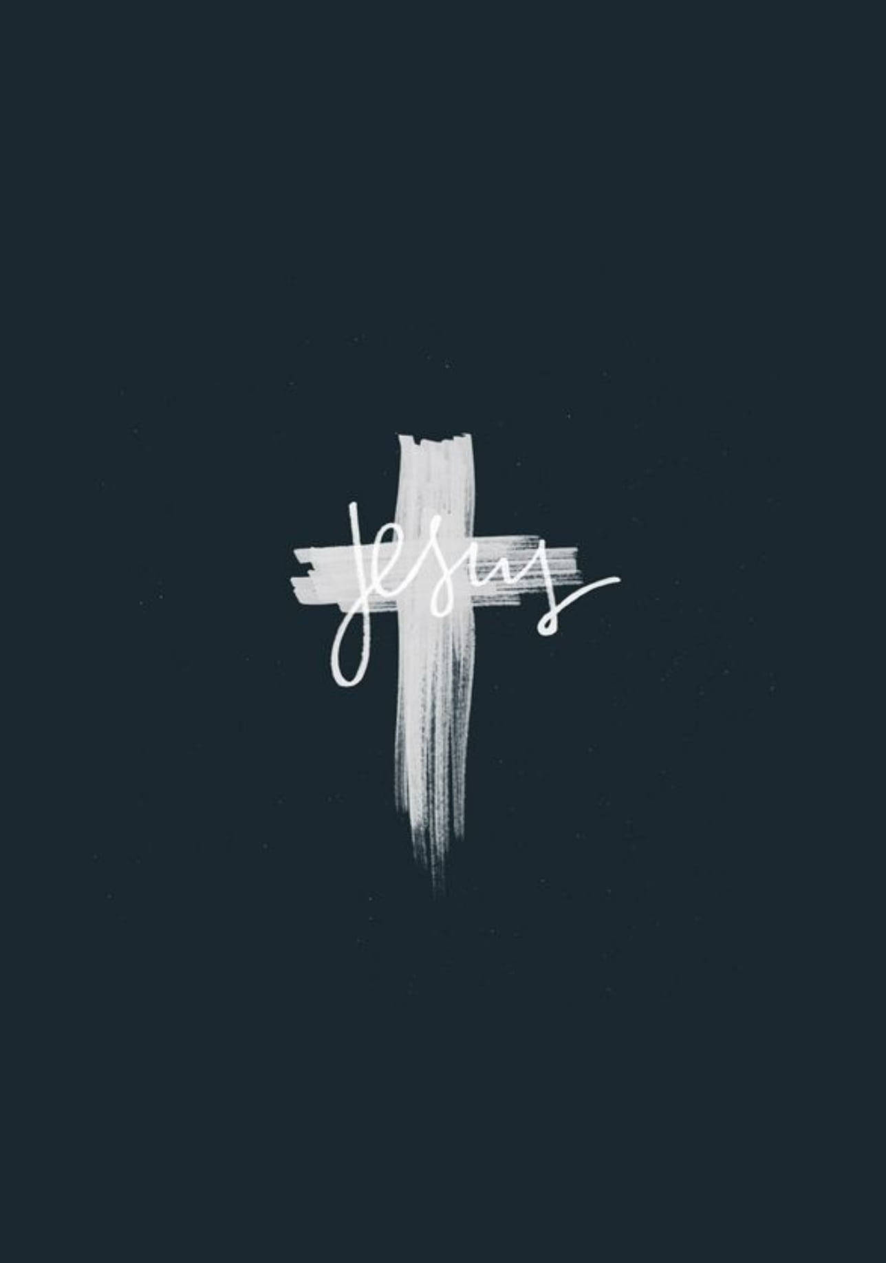 白色筆觸十字架，深色背景上以草書寫有「Jesus」。