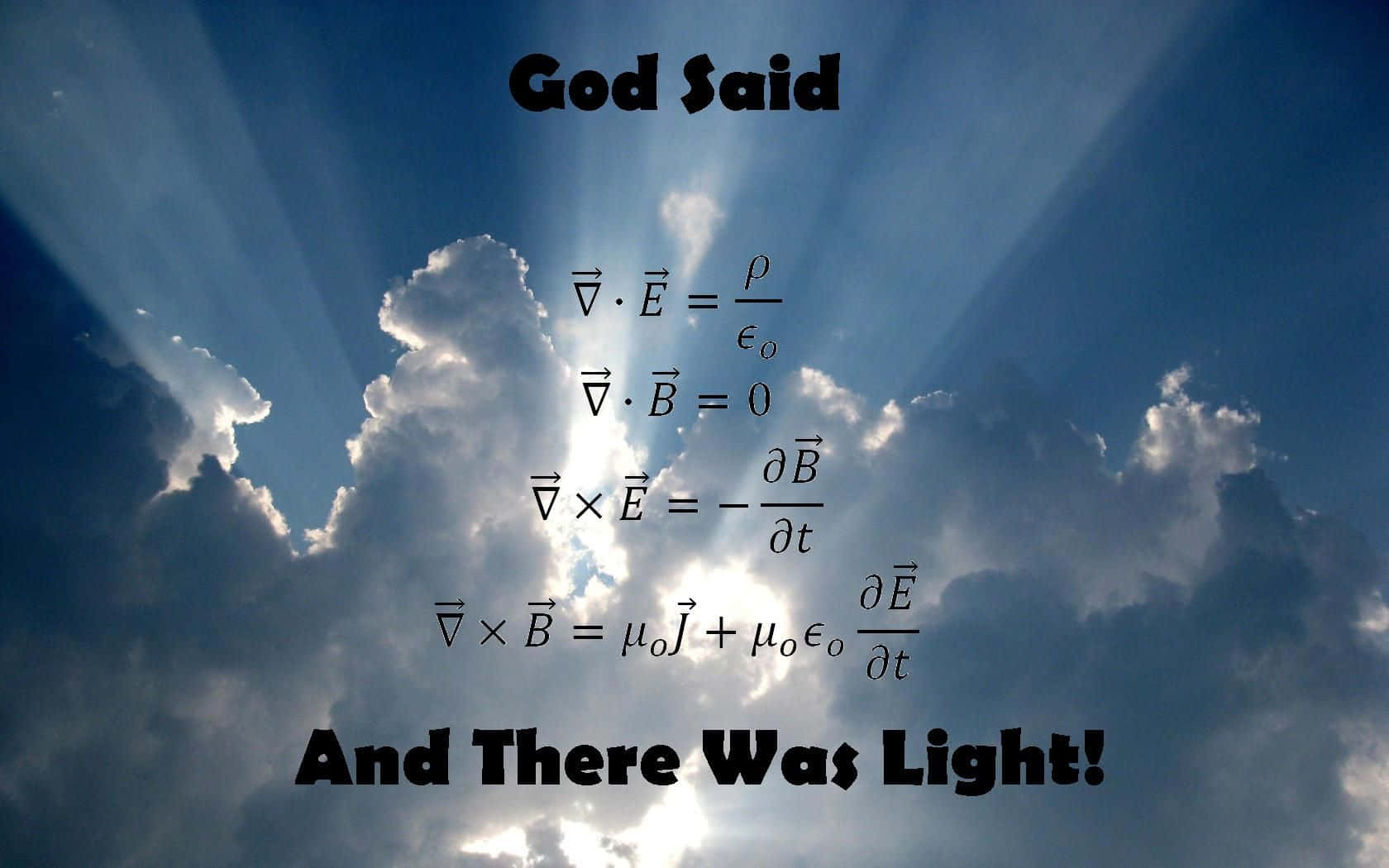 Physics 桌布 壁紙 — 神聖光線穿透戲劇性的雲層，麥克斯韋方程組以粗體字出現，宣告『神說：要有光！』