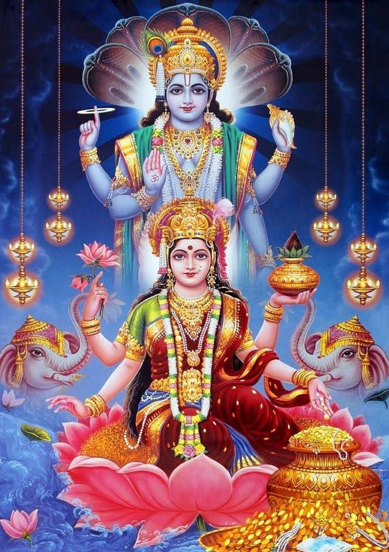 hindu iPhone 桌布 壁紙 — 神聖嘅印度教神靈坐喺粉紅色蓮花上面，有大象同掛住嘅燈籠，背景係宇宙藍色。