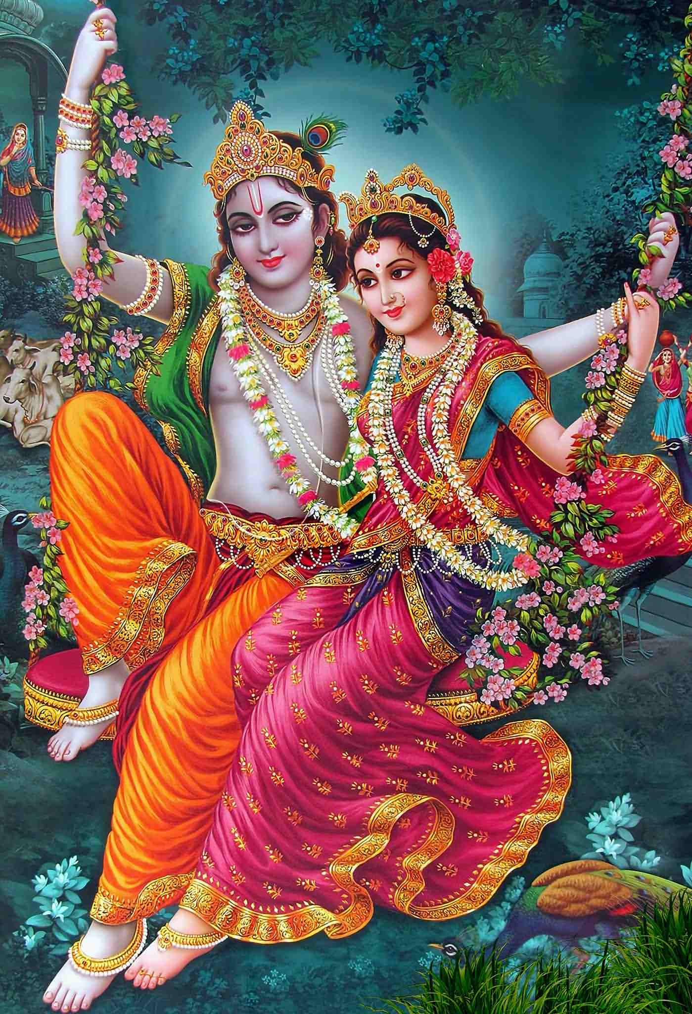 Mahabharat Krishna 桌布 壁紙 — 神聖情侶克里希納和拉妲優雅地坐在花鞦韆上，四周綠意盎然，天空柔和發光。