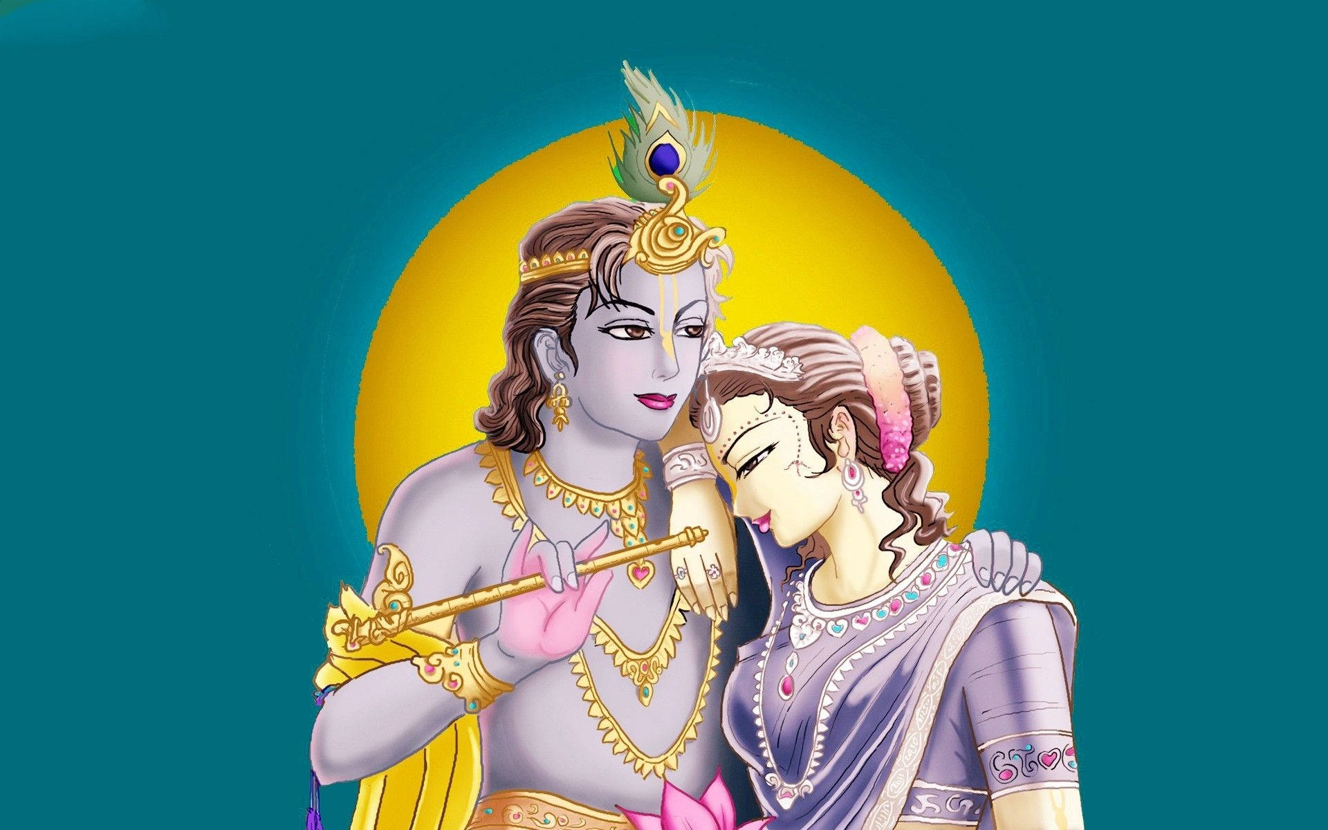 Mahabharat Krishna 桌布 壁紙 — 神聖情侶克里希納和拉妲在青綠色背景上，於燦爛金色太陽光環中溫柔擁抱。