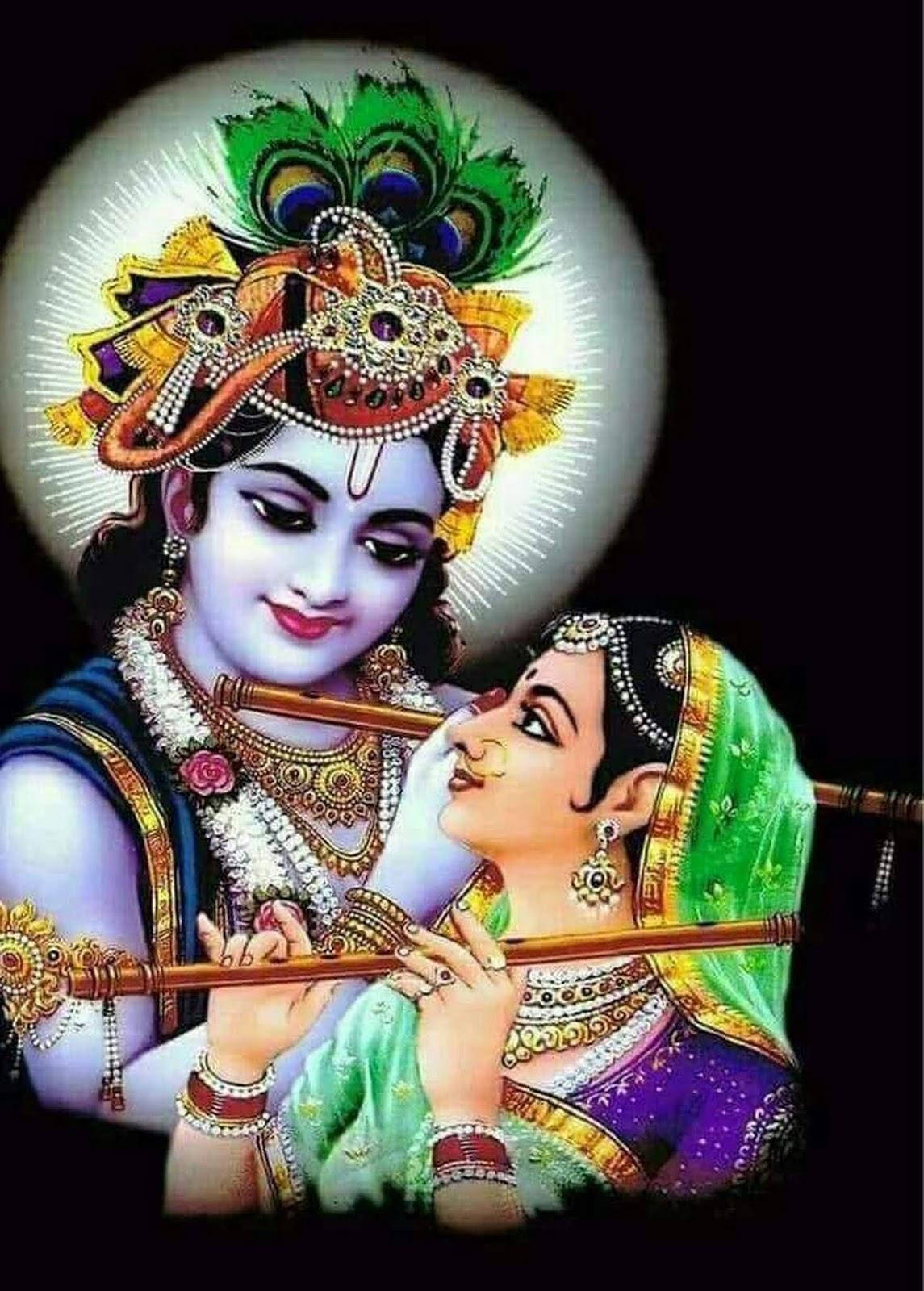 radha krishna HD 桌布 壁紙 — 神聖情侶克里希納和拉達分享溫柔時刻，他對著光芒四射的光環背景吹奏長笛。