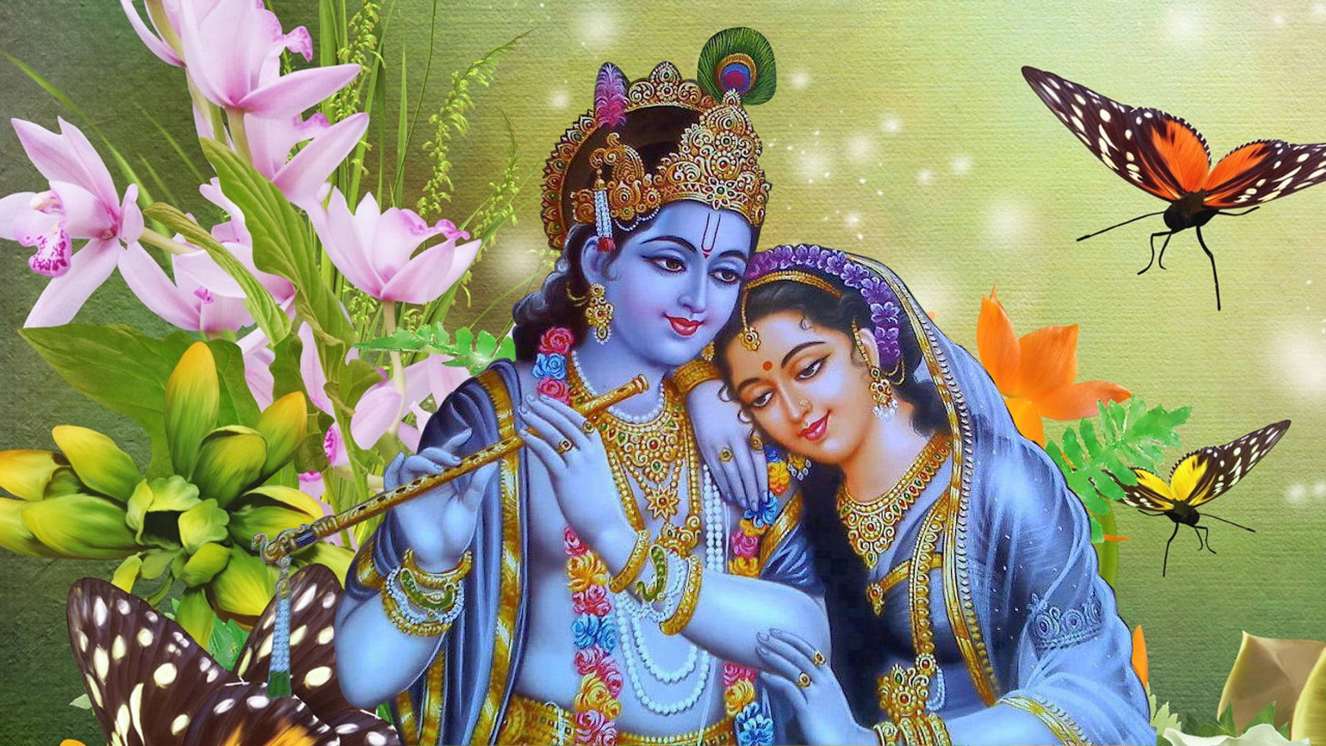 krishna 3d 桌布 壁紙 — 神聖情侶克里希納和拉達身著華麗藍色服飾，置身於充滿活力的粉紅花朵和翩翩蝴蝶之中，沐浴在金色光芒下。