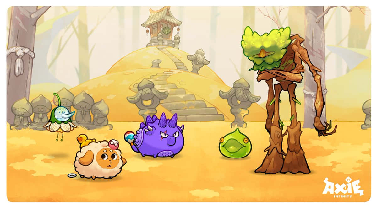 「神聖的Axie，光與色彩的魔法生物」 壁紙 — 可愛的卡通生物在溫暖的金色光芒下聚集在一個奇特的森林中，那裡有一個像樹一樣的巨人和一個石頭神社。