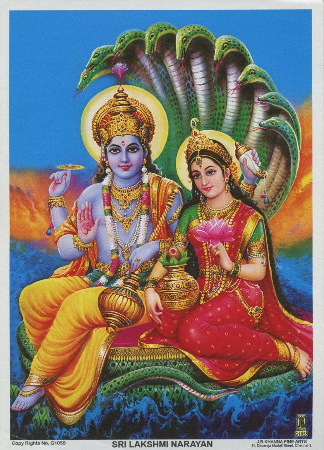 vishnu HD 桌布 壁紙 — 神聖的伴侶斯里·拉克什米·納拉揚在火熱的天空下，優雅地坐在多頭蛇罩下。