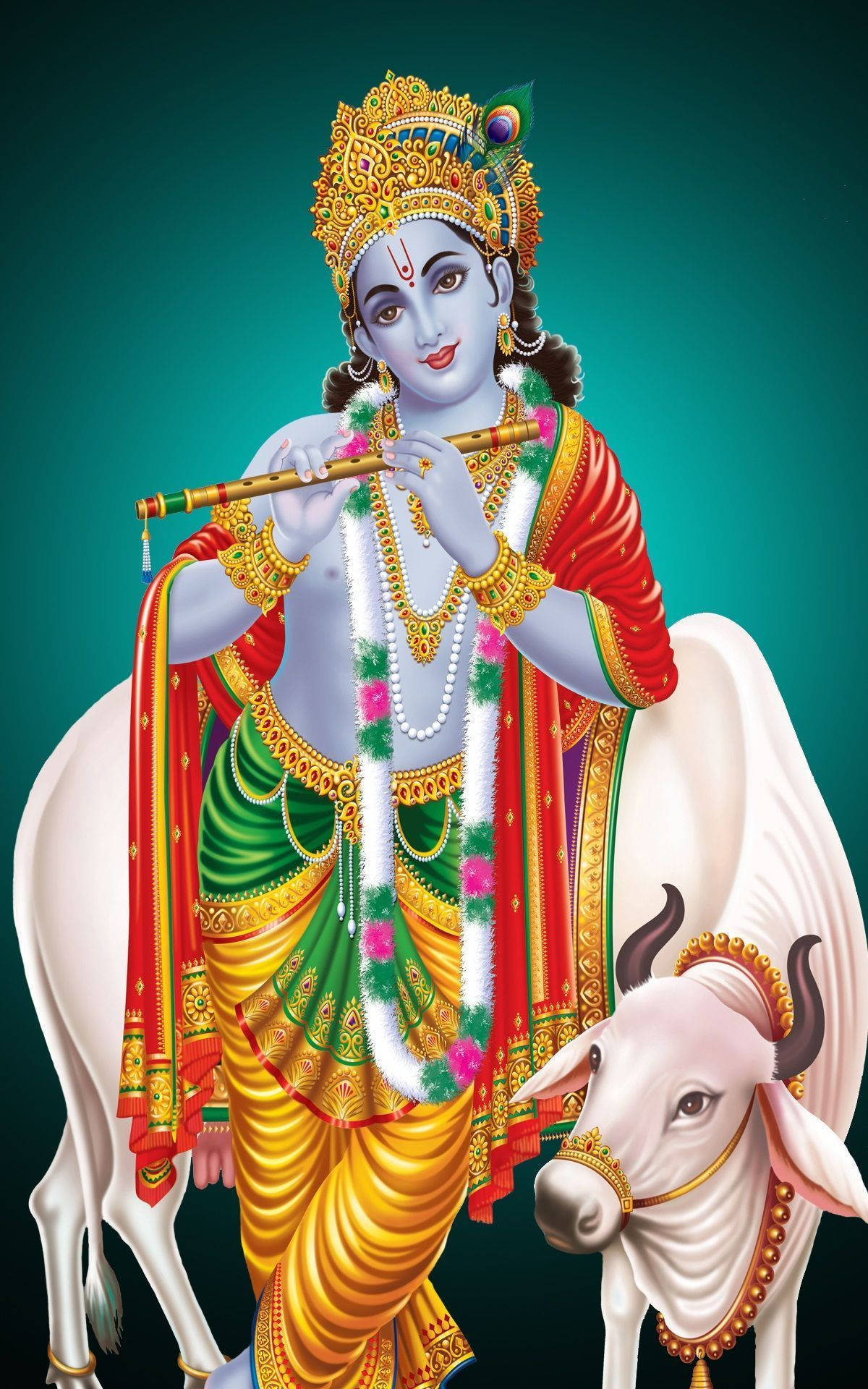 krishna phone 桌布 壁紙 — 神聖的克里希納身穿華麗金色服飾，坐在白牛上吹奏長笛，背景為青綠色漸變。