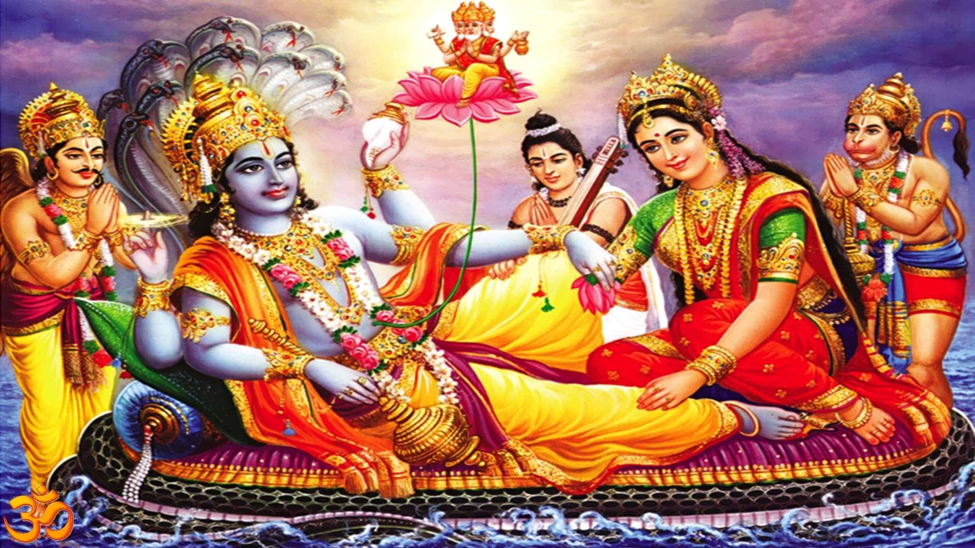 Lakshmi 桌布 壁紙 — 神聖的印度教神祇在充滿活力的天界場景中，奢華地躺在一條宇宙蛇上。