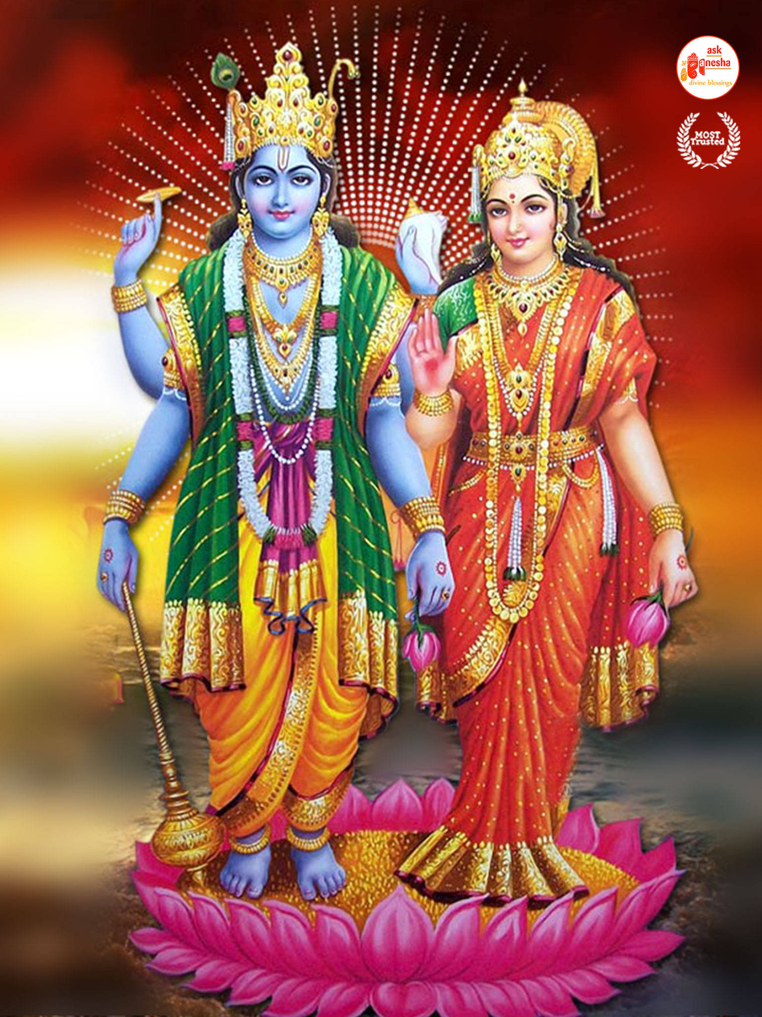 hindu iPhone 桌布 壁紙 — 神聖的印度教神祇拉妲和克里希納優雅地站在粉紅蓮花上，背景是燦爛的金色和紅色。