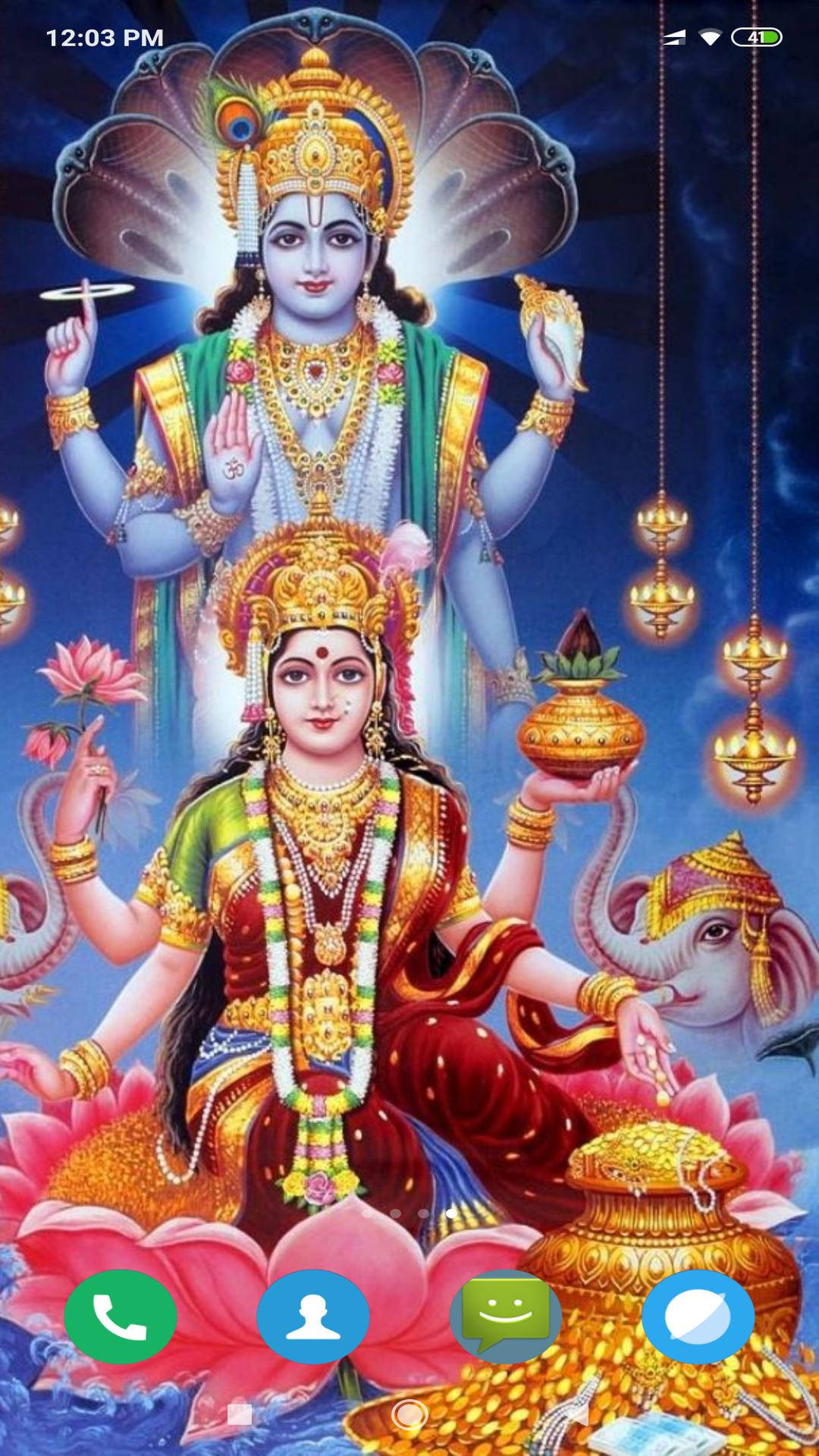 Lakshmi 桌布 壁紙 — 神聖的印度教神祇拉達和克里希納，佩戴金色珠寶和鮮豔長袍，坐在蓮花上，伴隨著大象和懸掛的燈籠，背景是宇宙藍色。