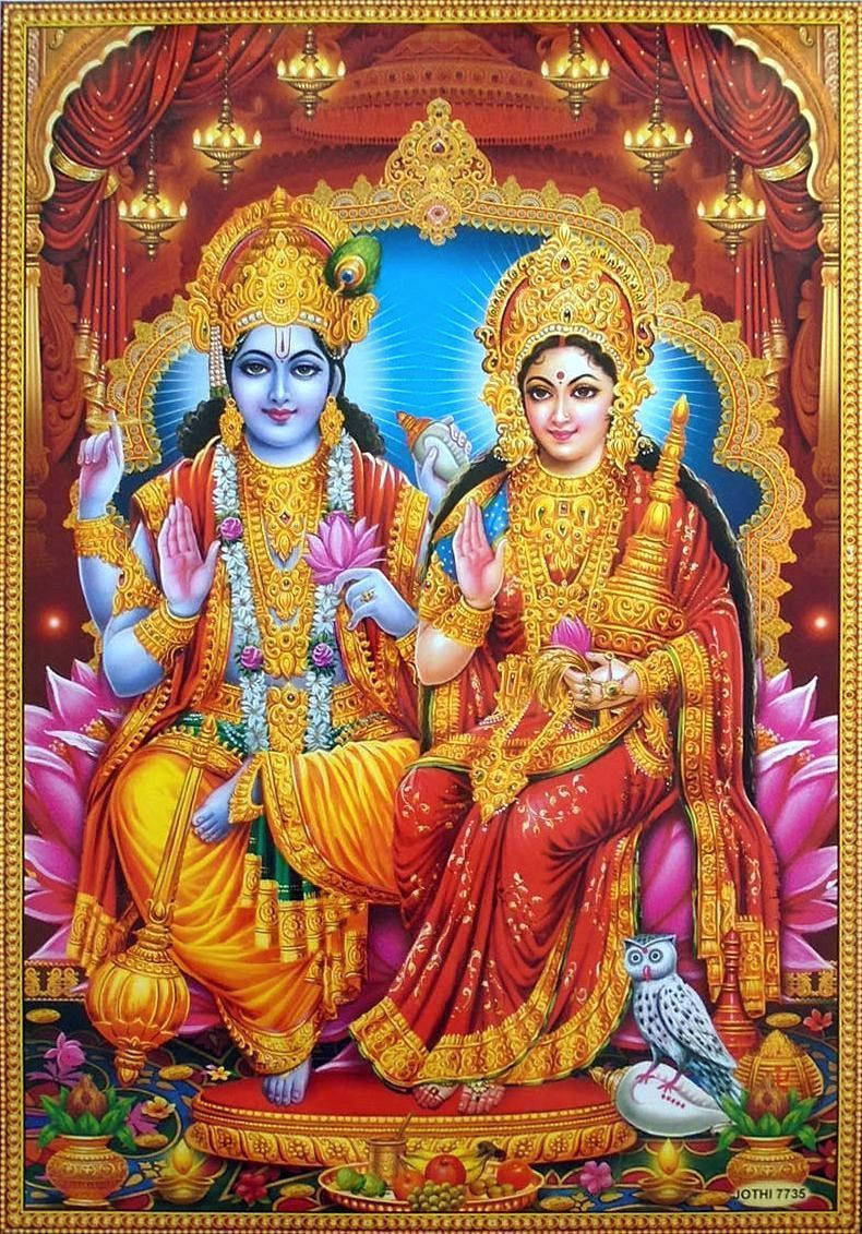 hindu iPhone 桌布 壁紙 — 神聖的印度教神祇拉達和克里希納莊嚴地坐在鑲滿寶石的寶座上，飾有金色飾物和粉紅色蓮花，沐浴在燦爛的藍色光環下。
