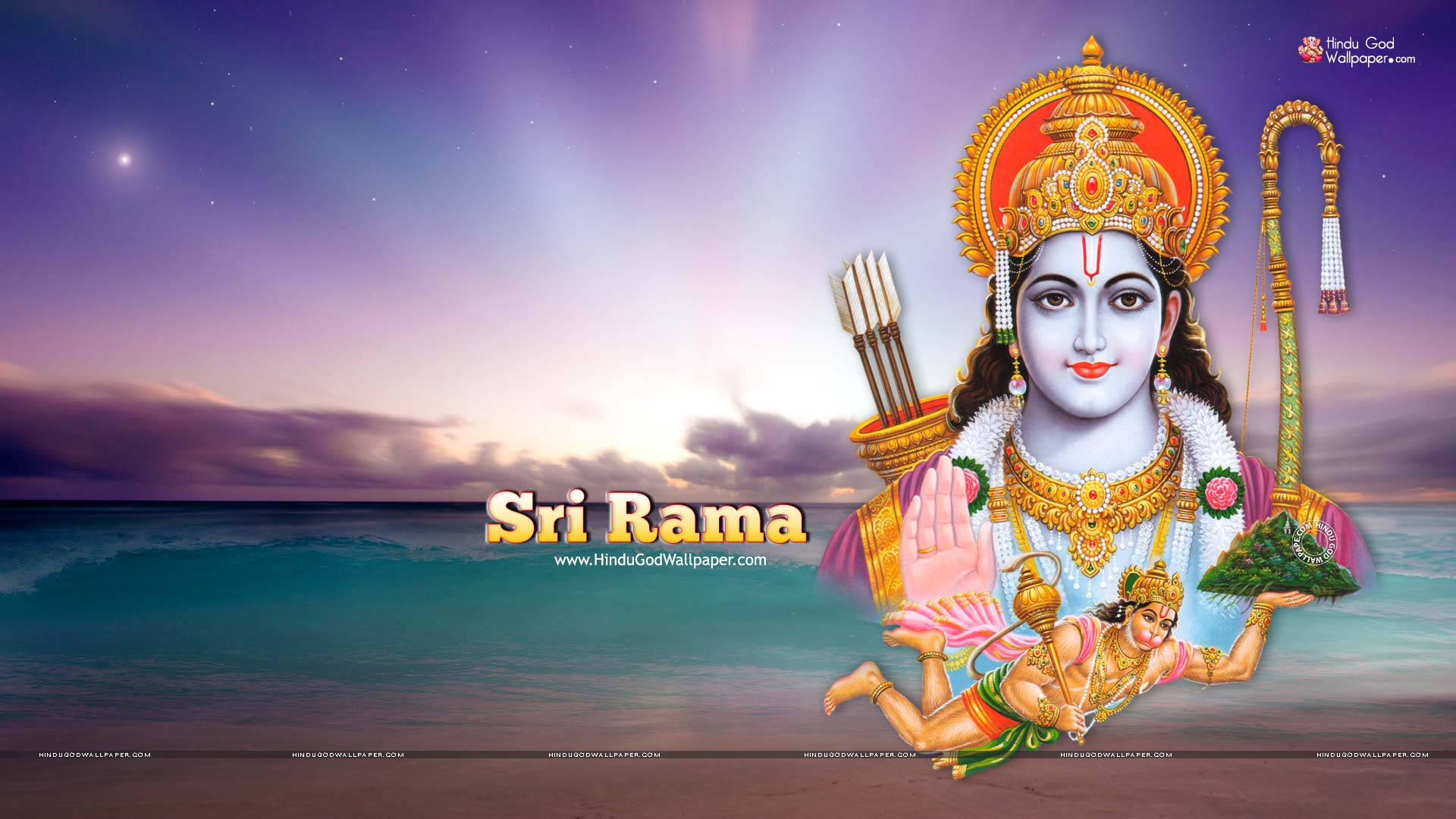 jai shri ram 桌布 壁紙 — 神聖的印度教神祇羅摩尊貴地站在暮色海洋背景前，星空閃爍，波浪輕柔。