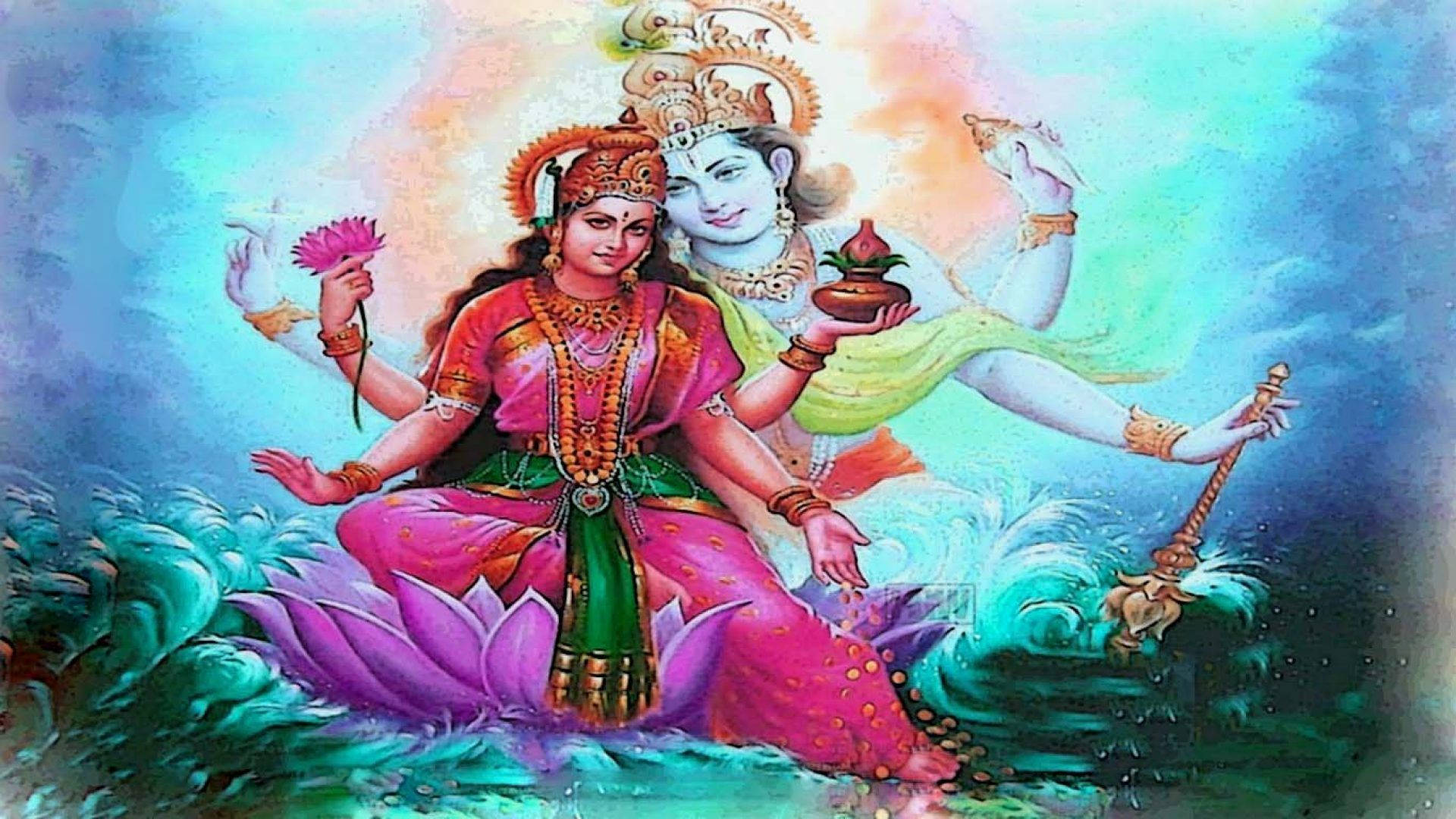 Lakshmi 桌布 壁紙 — 神聖的印度教神靈優雅地坐在一朵鮮豔的紫色蓮花上，周圍是旋轉的藍綠色水域，上方是光芒四射的天體光輝。