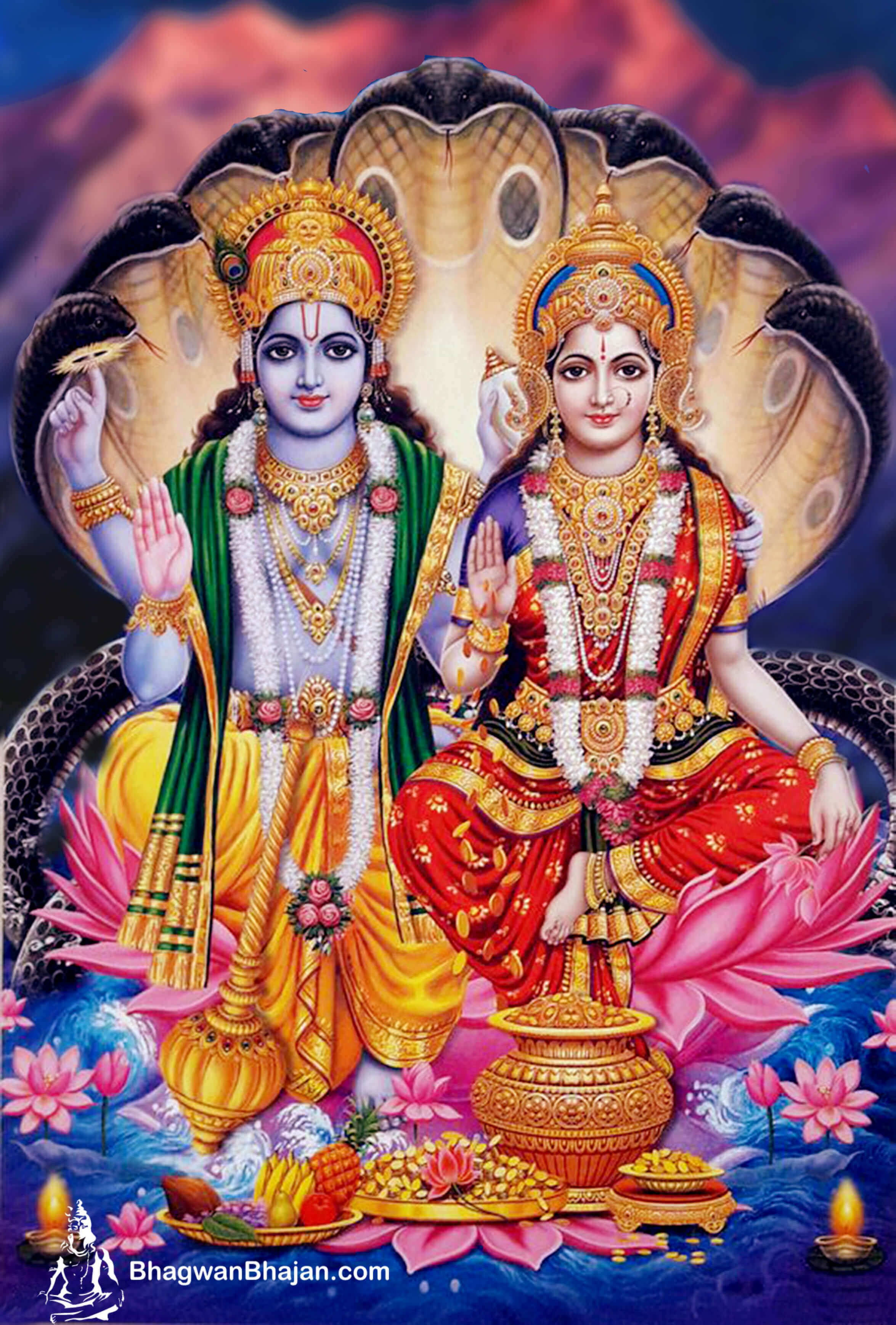 Vishnu 桌布 壁紙 — 神聖的印度教神靈端坐在蓮花上，上方有盤繞的蛇形華蓋，周圍是閃耀的供品和鮮豔的花卉圖案。