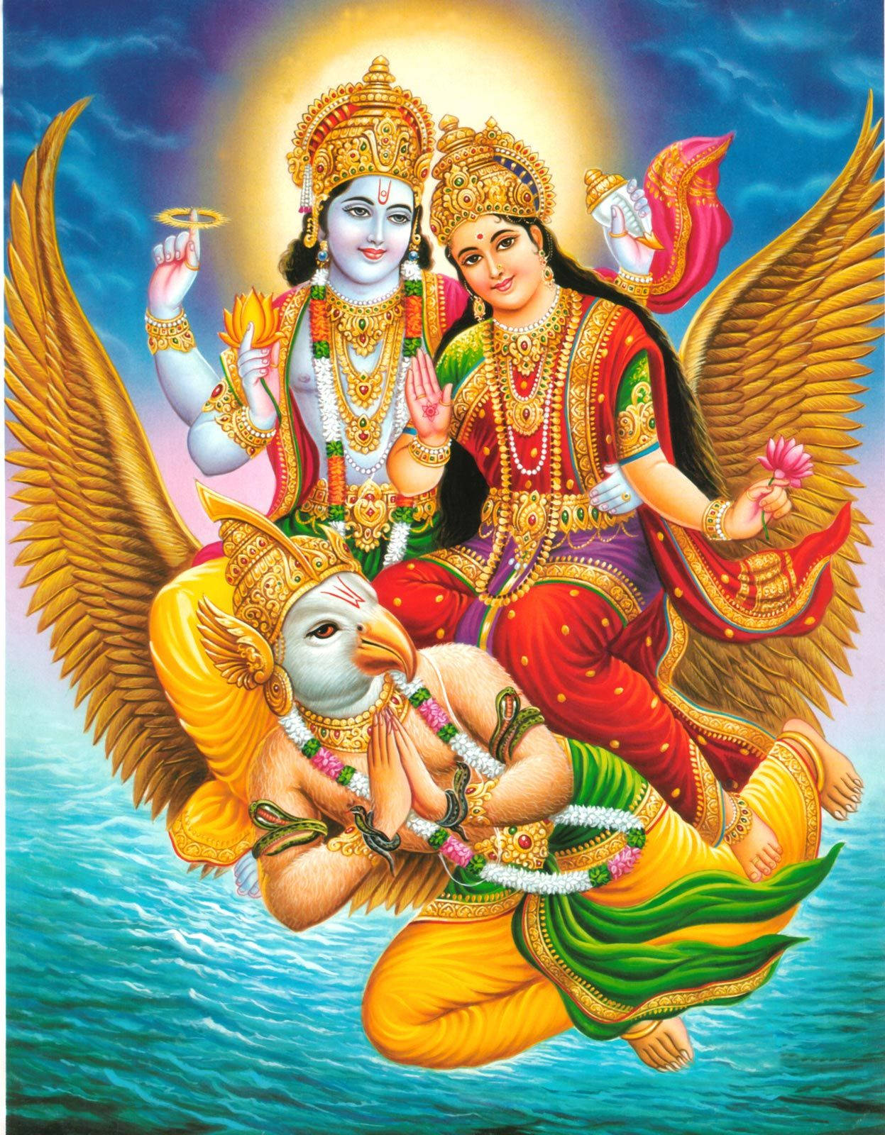 hindu iPhone 桌布 壁紙 — 神聖的印度教神靈騎著金鷹飛越碧綠海水，天空光環普照。