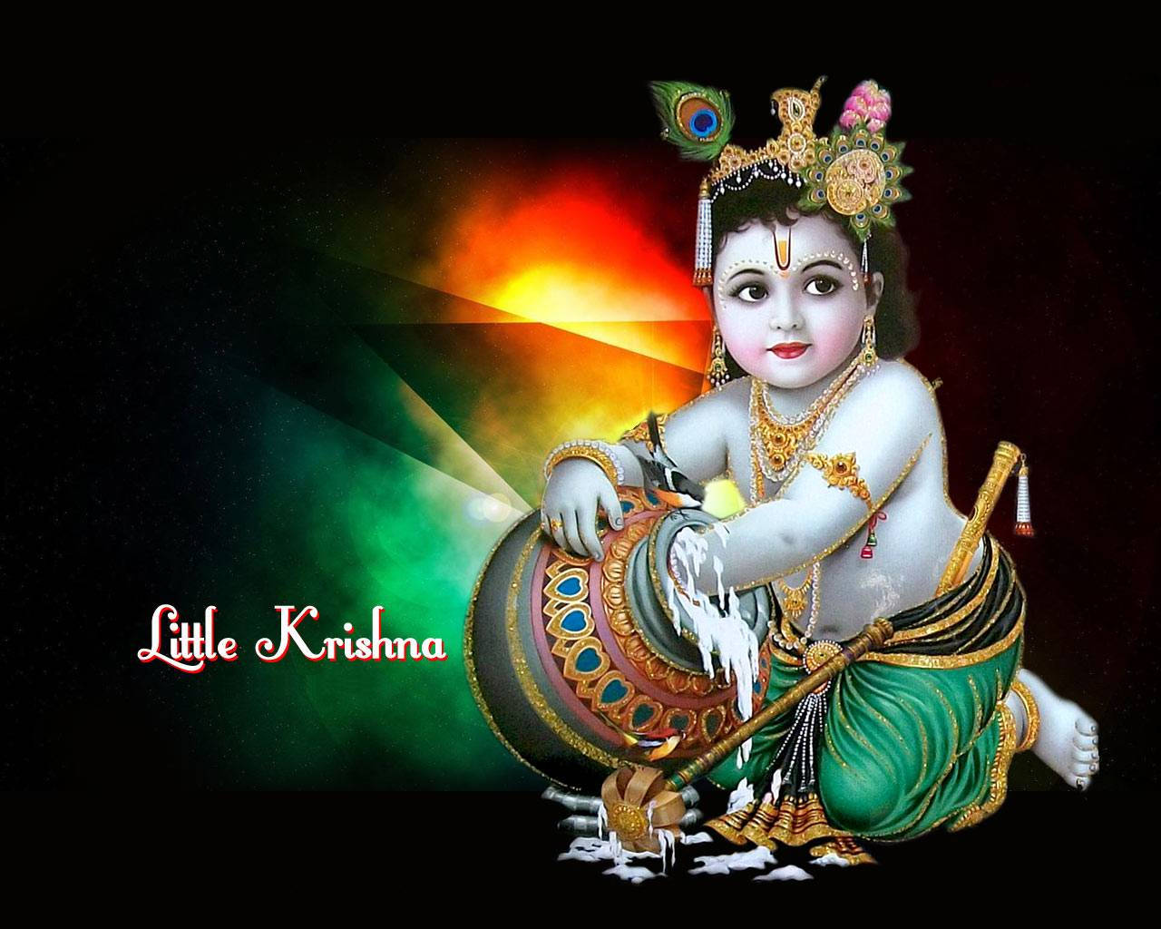 krishna god 桌布 壁紙 — 神聖的孩子克里希納穿著華麗的金色服飾，從一個裝飾過的罐子中倒出牛奶，背景是燦爛的彩虹漸變。
