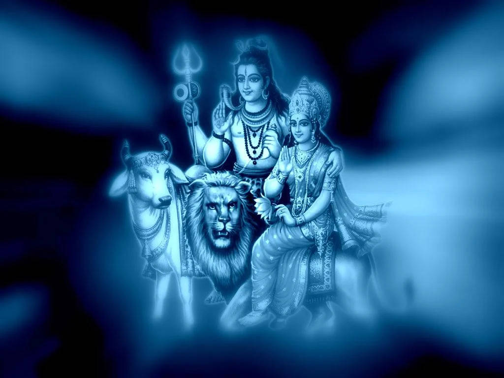 bholenath 3d 桌布 壁紙 — 神聖的濕婆神和雪山神女坐在獅子和公牛上，呈現發光的藍色單色靈性場景。