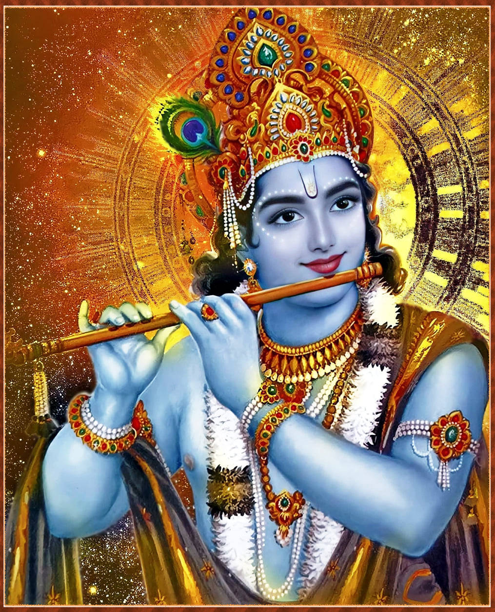 krishna 3d 桌布 壁紙 — 神聖的藍皮膚神祇克里希納在燦爛的金色光環中吹奏長笛，頭戴孔雀羽毛冠冕和珠寶飾物。