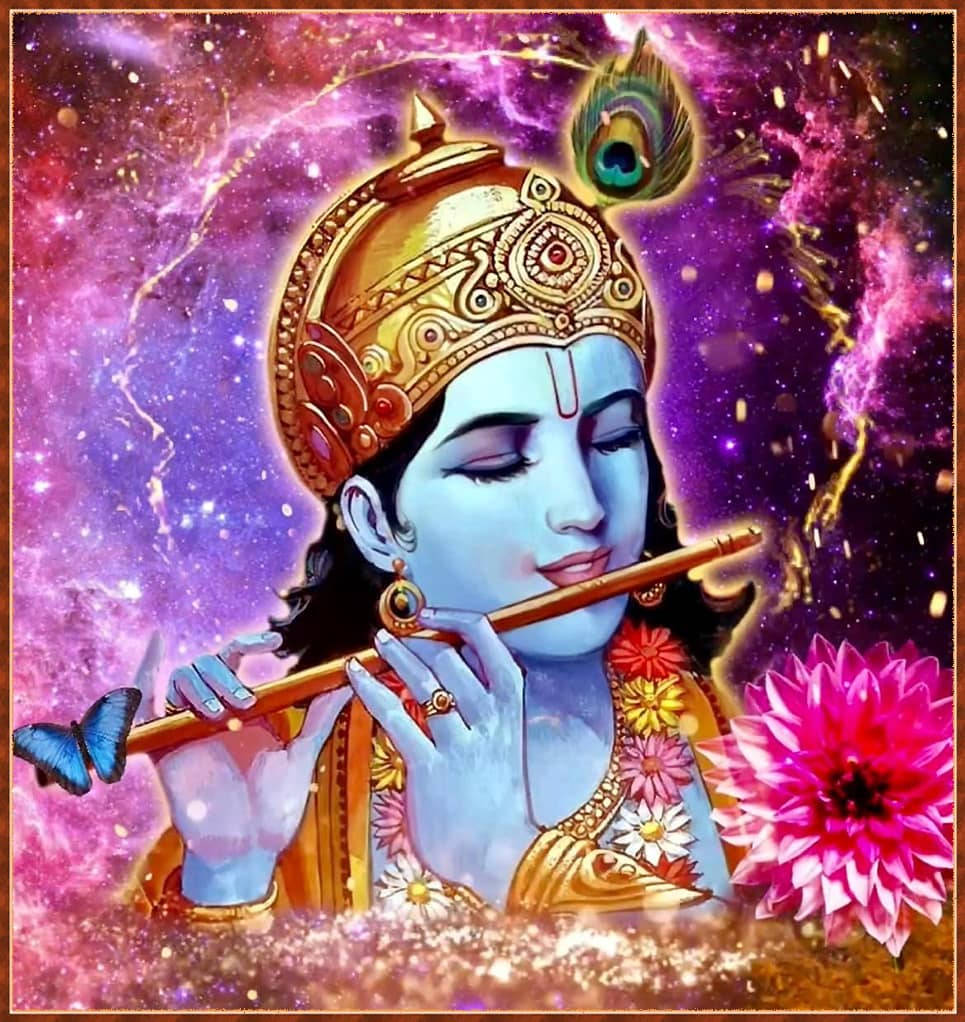 krishna phone 桌布 壁紙 — 神聖藍皮膚人物戴金冠吹笛，背景為宇宙紫色星雲，配孔雀羽毛和粉紅花朵。