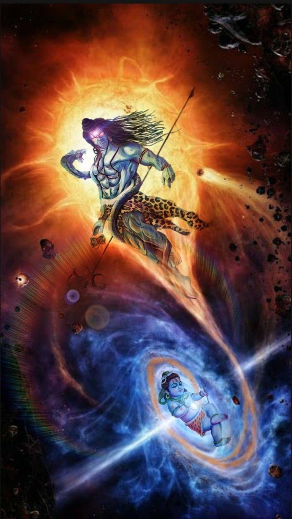 藍皮膚神祇在宇宙戰鬥中持長矛對抗旋轉星系。