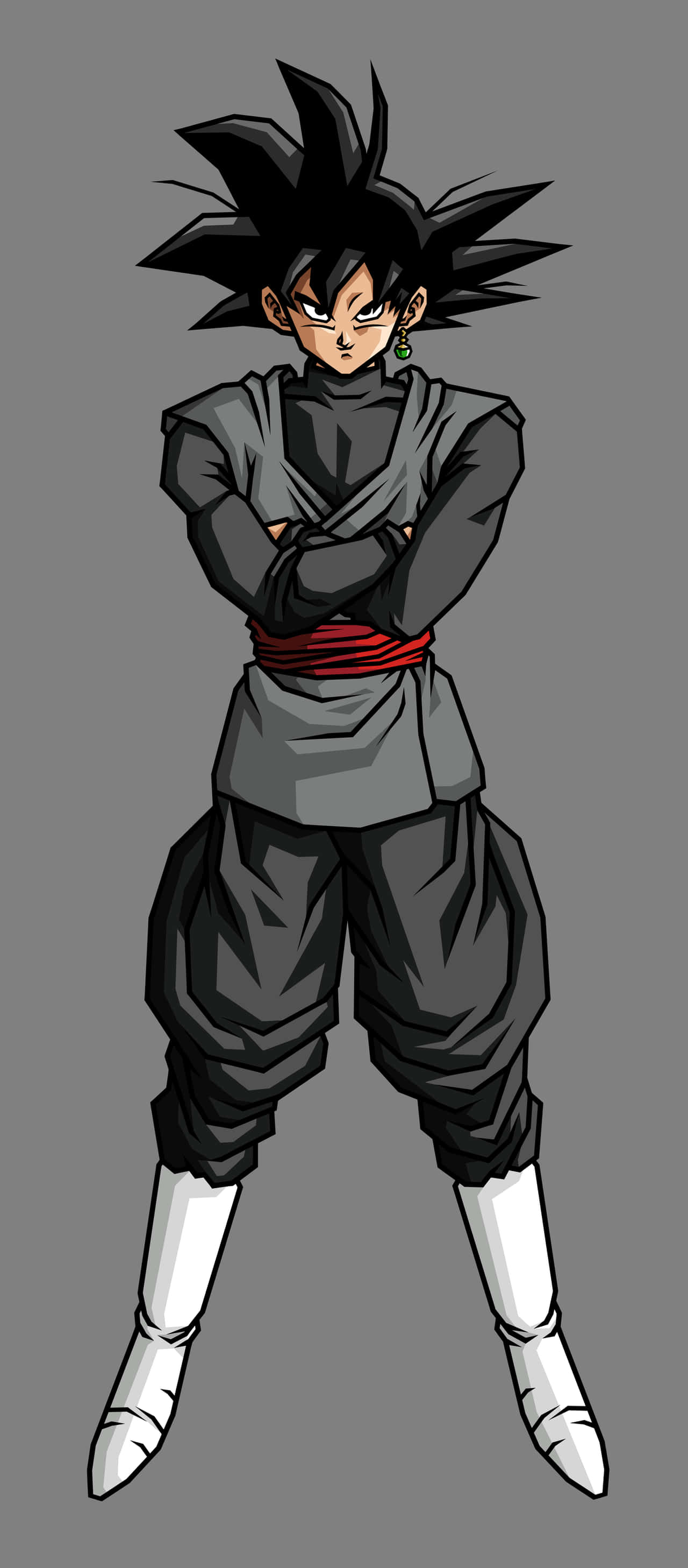 神與神之戰，超級賽亞人玫瑰 壁紙 — 動漫角色悟空黑雙手交叉站立，身穿深灰色服裝，繫紅色腰帶，腳踏白色靴子，背景為純灰色。