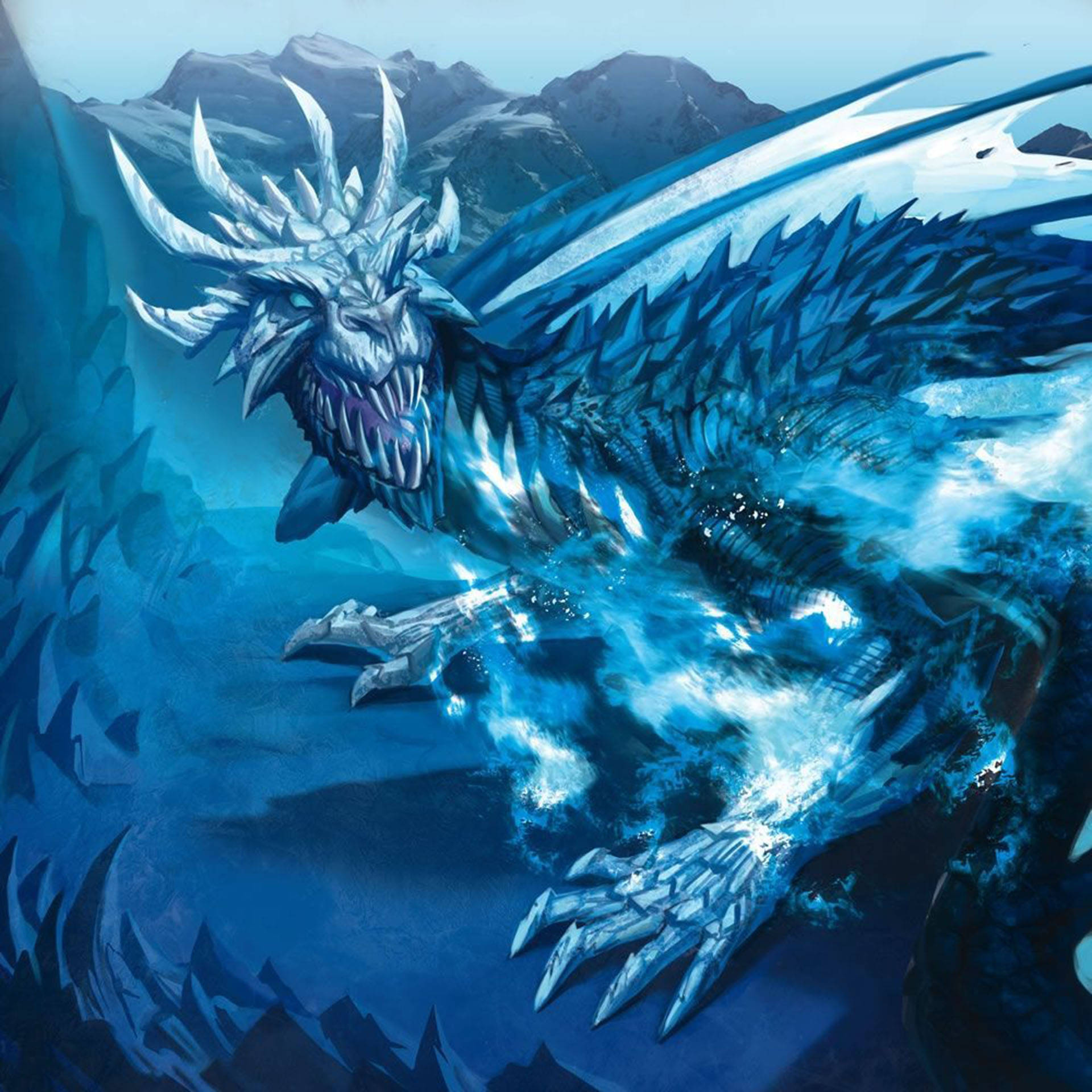 神話冰龍 壁紙 — 一頭擁有水晶鱗片和冰霜翅膀的雄偉冰龍，在白雪皚皚的山地景觀中咆哮。