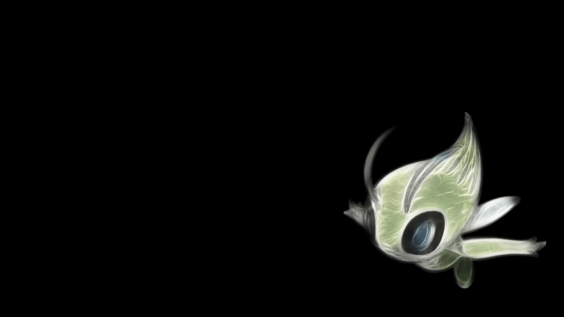 一條發光綠色大眼藍魚在黑暗中游動。