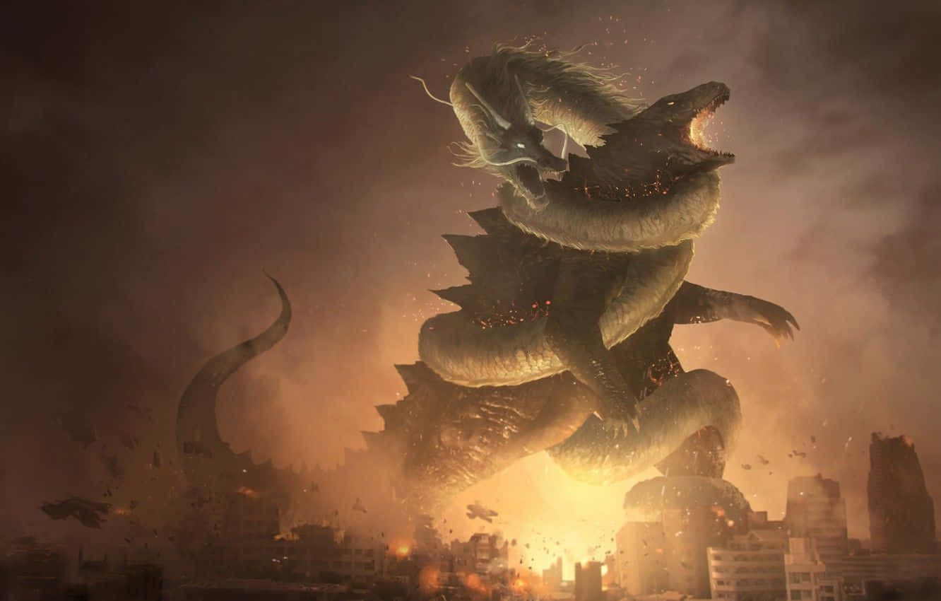 神話巨獸哥斯拉：王者之怒 壁紙 — 一條巨龍與哥斯拉在烈火熊熊的城市戰場上激烈交鋒，建築物在它們的破壞力下倒塌。