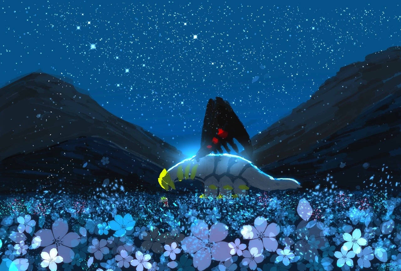 一隻發光的藍色恐龍在發光的花朵中，星空夜幕下。