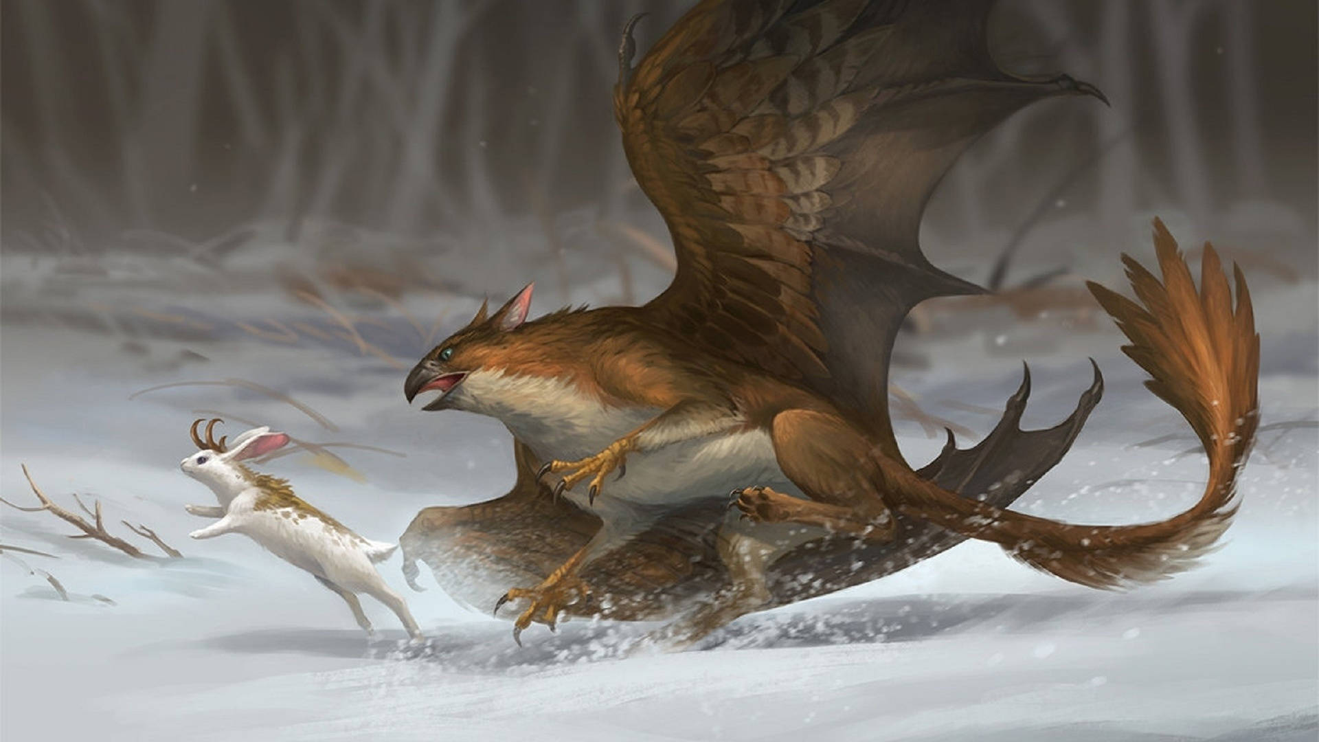 神話生物棕鳥追逐兔子 壁紙 — 一隻兇猛的棕色獅鷲撲向一隻在雪地森林中逃跑的白兔。
