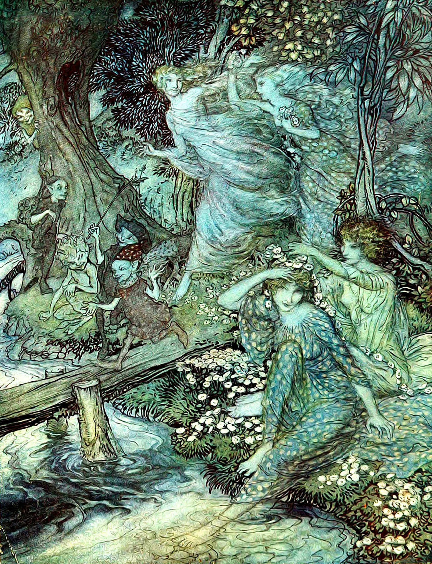 仙女和森林生物在魔法森林的溪流旁聚集。