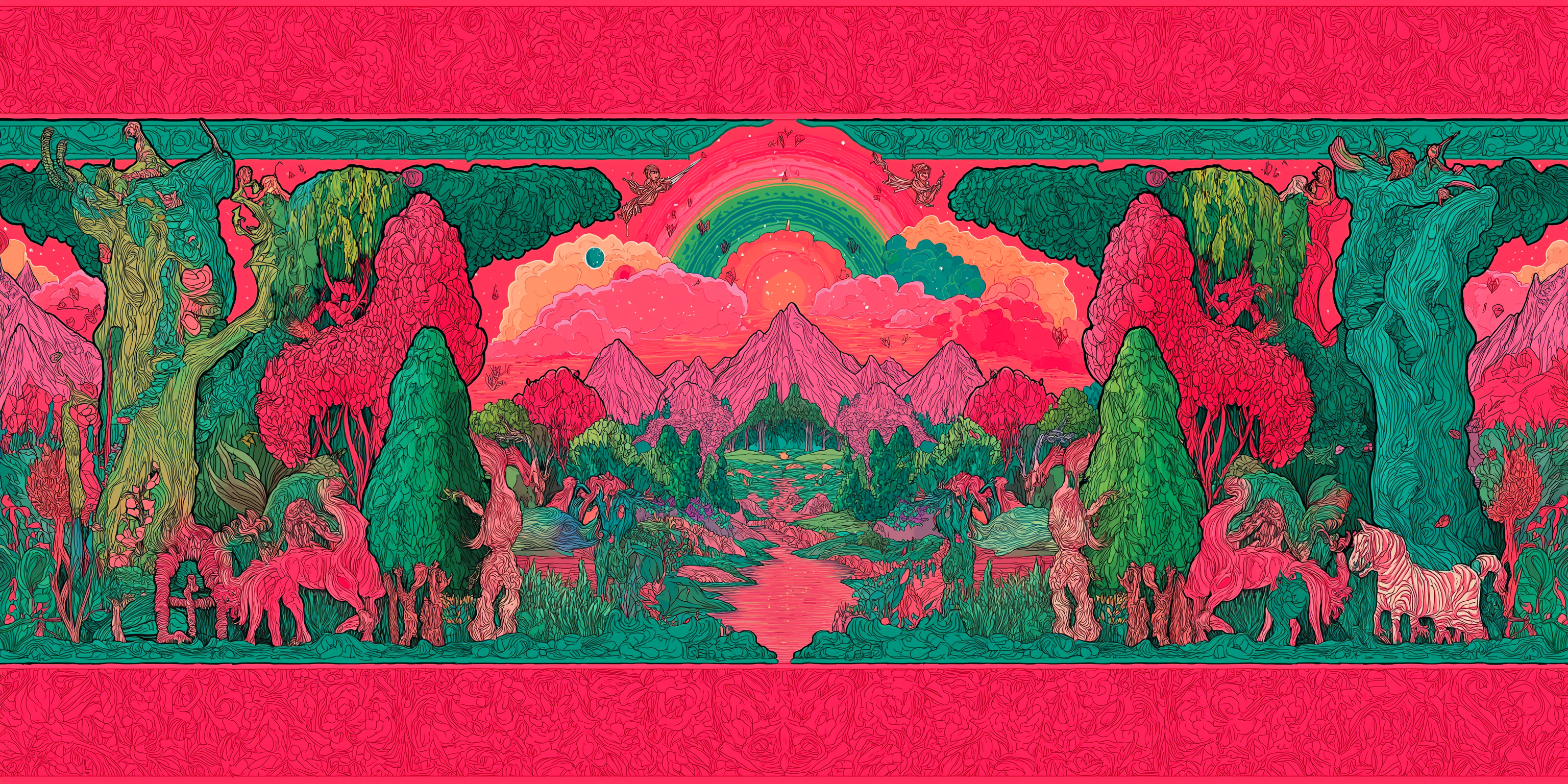 神話龍萬花筒 壁紙 — 一個充滿活力的迷幻景觀，有粉紅色的山脈、彩虹和風格化的動物，在超現實的天空下，由華麗的邊框框住。