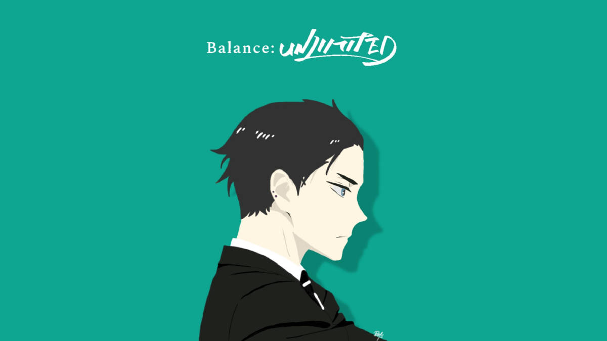 動漫男子身穿西裝，在青色背景上側視，帶有文字 Balance unjurrated