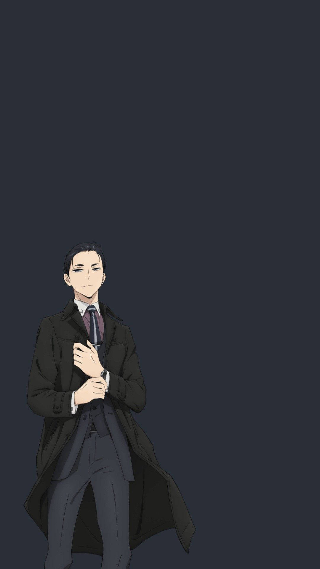 動漫男人穿著深色外套和領帶，站在灰色背景前