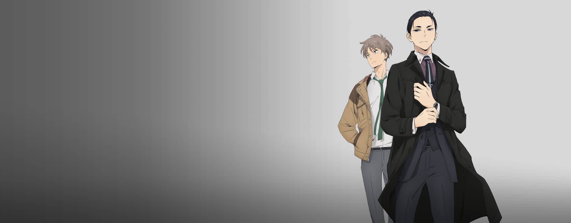 兩個穿著外套的動漫男人站在灰色漸變背景前。