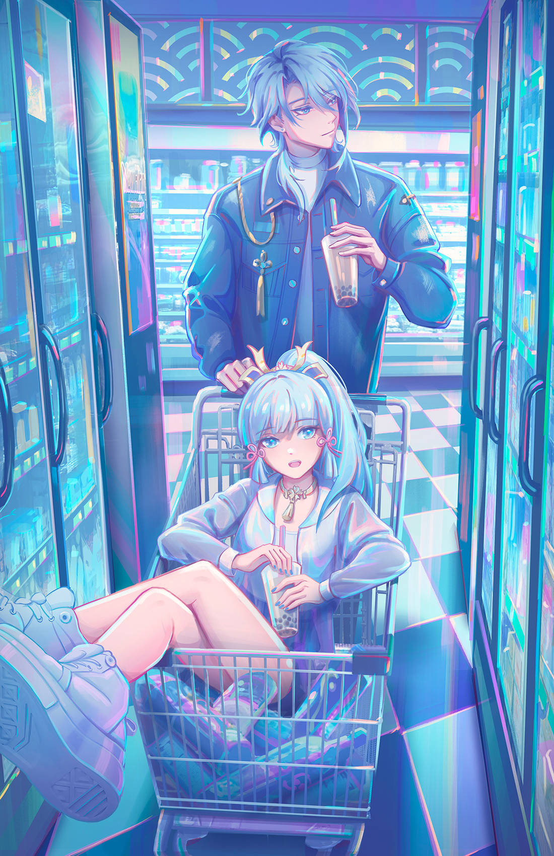 神里綾人在商店 壁紙 — 兩個動漫角色在霓虹燈照亮的超市通道中，有發光的雪櫃和格子地板。