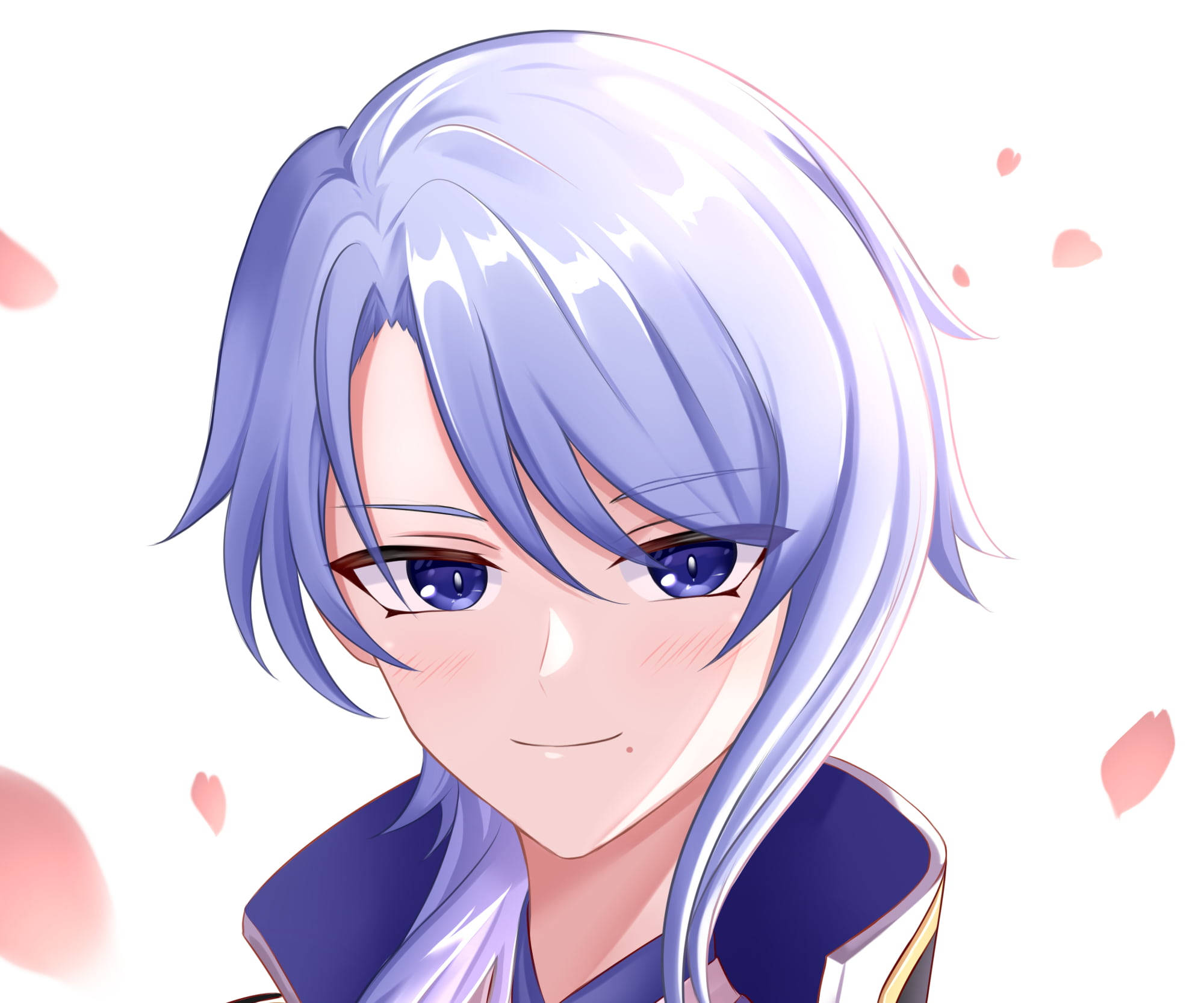 神里綾人臉頰泛紅 壁紙 — 銀藍色頭髮和藍色眼睛的動漫女孩微笑著，粉紅色的櫻花瓣在她周圍飄落。