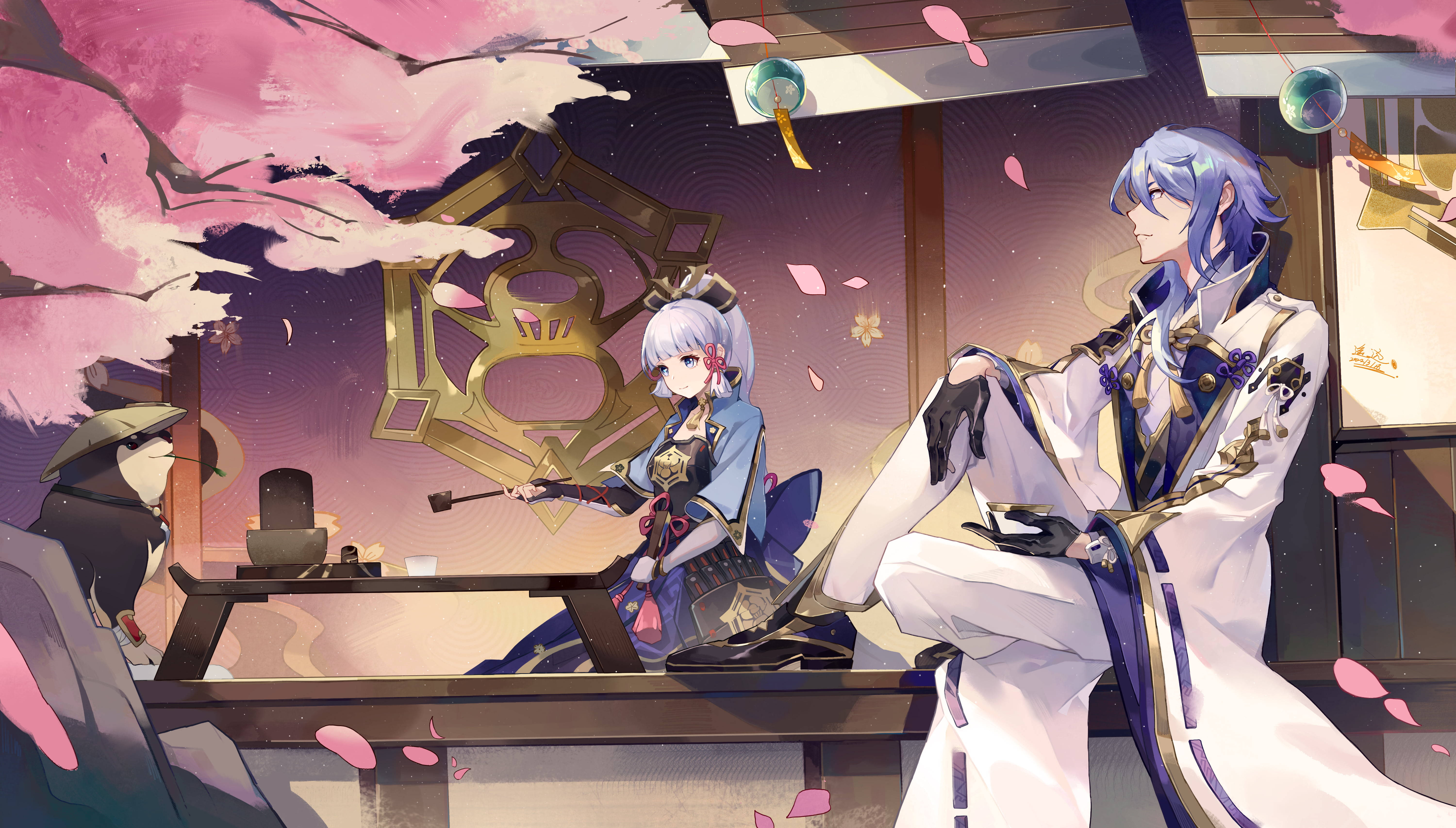 神里綾人華麗裝束 壁紙 — 兩個穿著傳統服飾的動漫角色坐在一個充滿櫻花、飄浮花瓣和發光燈籠的房間裡。