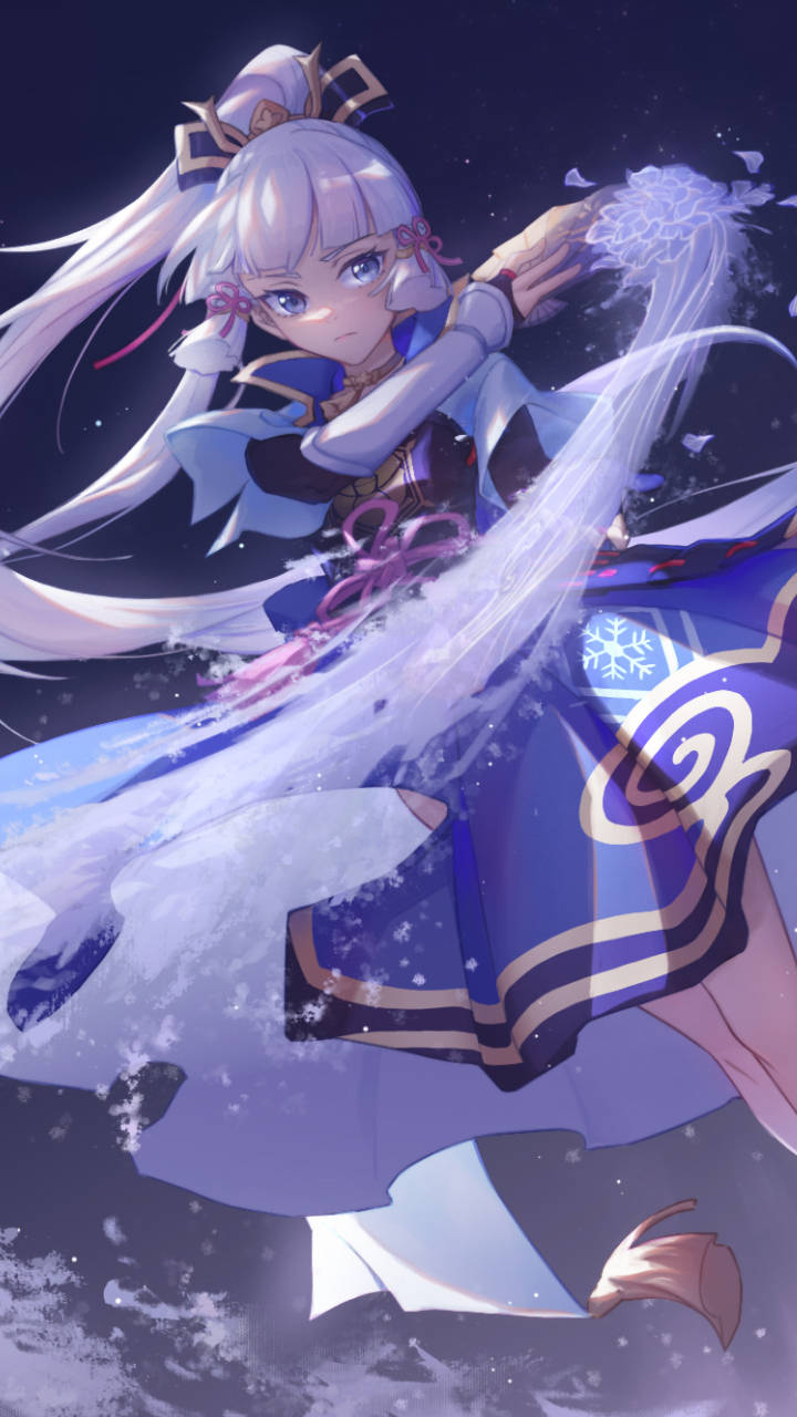 銀髮動漫女孩在繁星之夜施展雪魔法。