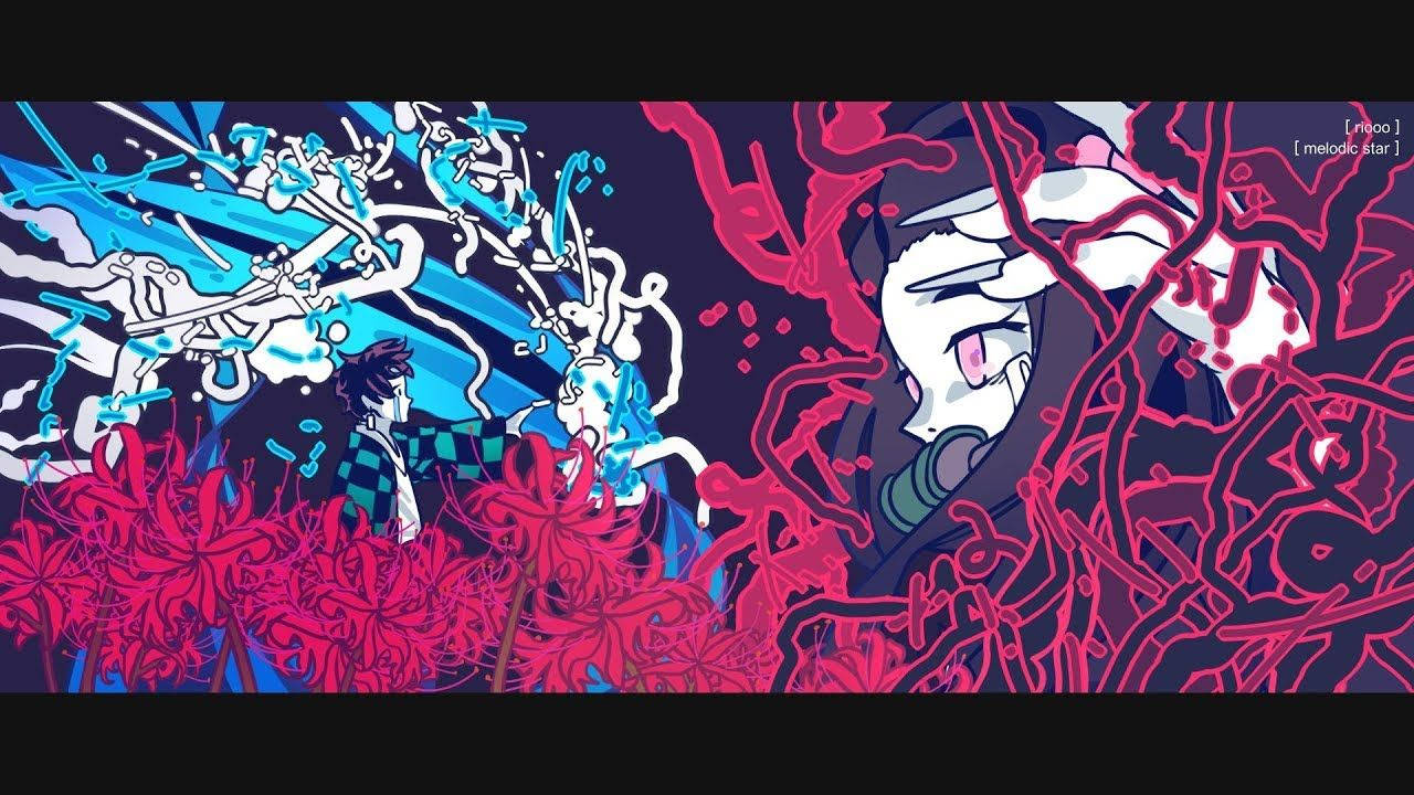 祢豆子與炭治郎，鬼殺隊 壁紙 — 在深色背景下，兩個角色置身於爆炸性的藍色和粉紅色花卉能量中的鮮豔動漫風格插圖。