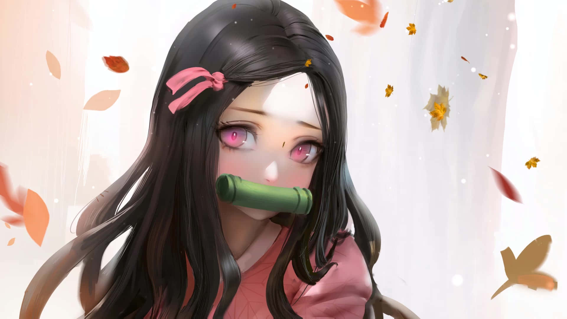 粉紅眼睛和竹製口塞的動漫女孩，被飄落的秋葉包圍。