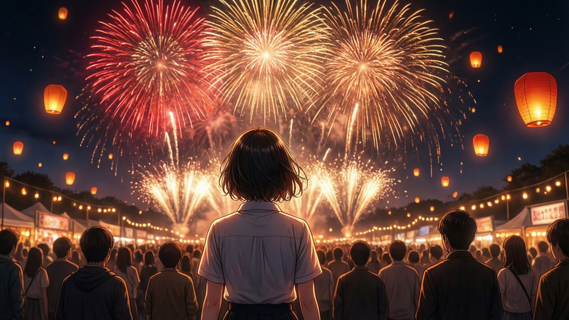 人群在夜間節日中觀看五彩繽紛的煙火和漂浮的燈籠。
